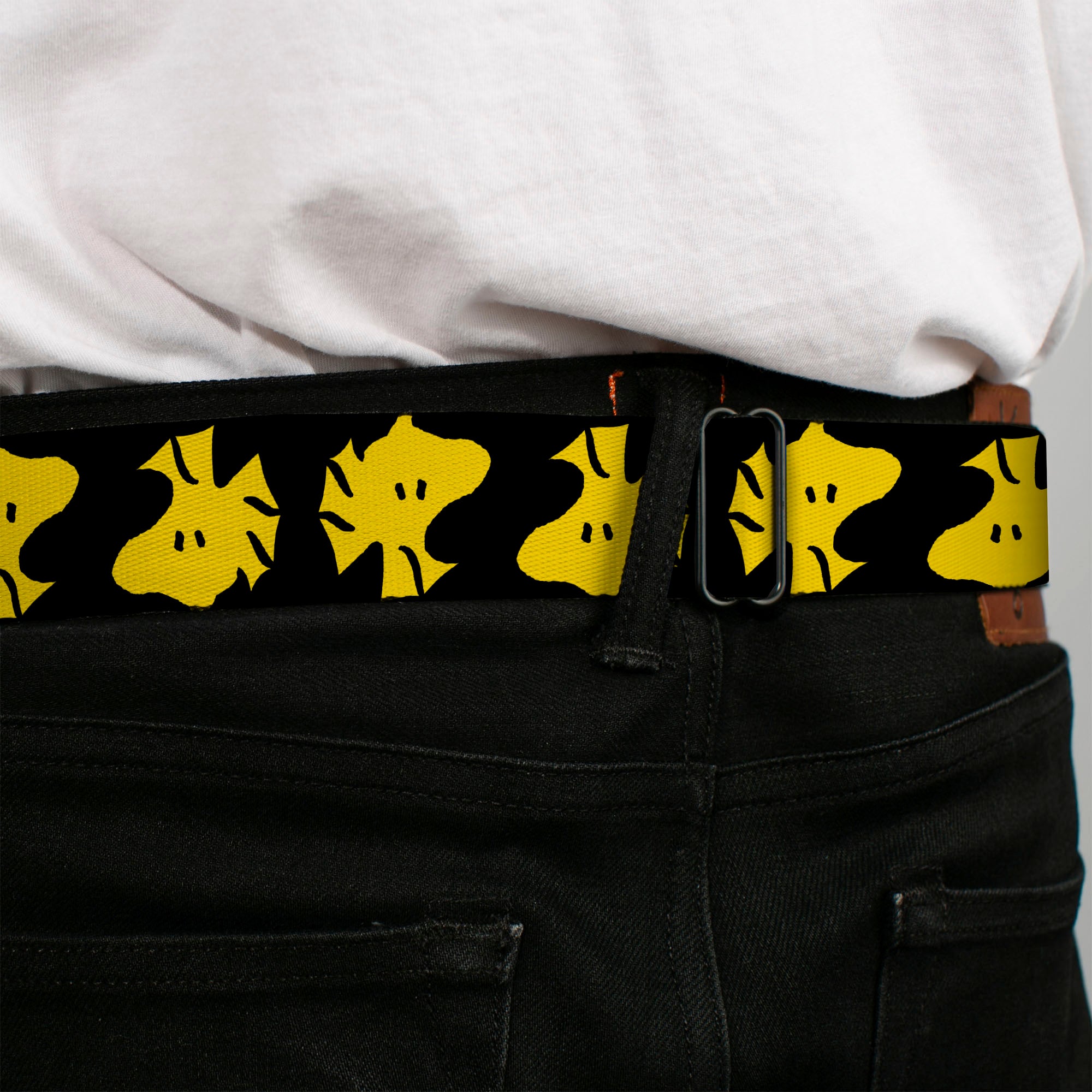 PEANUTS Title Logo Full Color Yellow/White Seatbelt Belt - Peanuts Woodstock Face Flip Black/Yellow Webbing Seatbelt Belts Peanuts