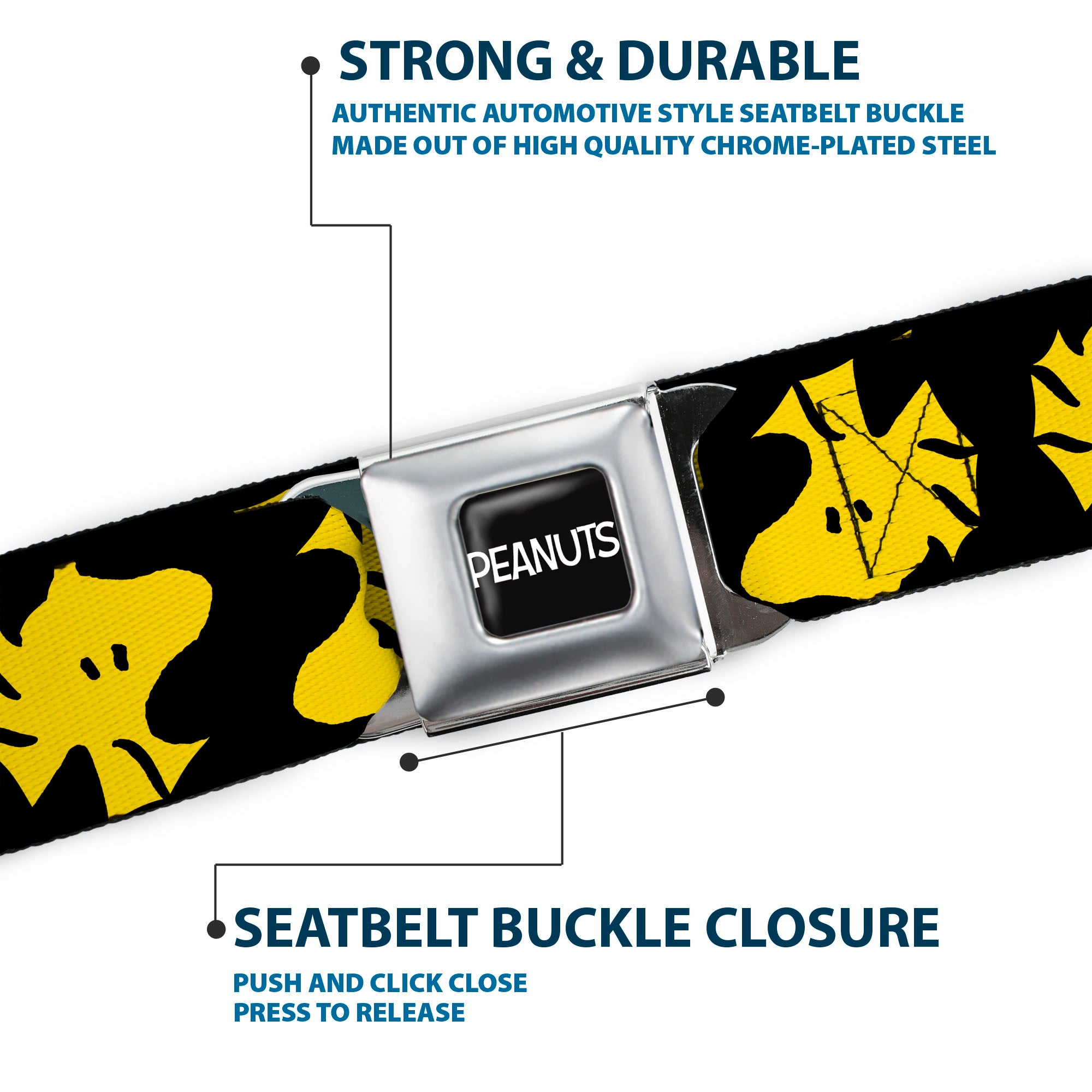 PEANUTS Title Logo Full Color Yellow/White Seatbelt Belt - Peanuts Woodstock Face Flip Black/Yellow Webbing Seatbelt Belts Peanuts