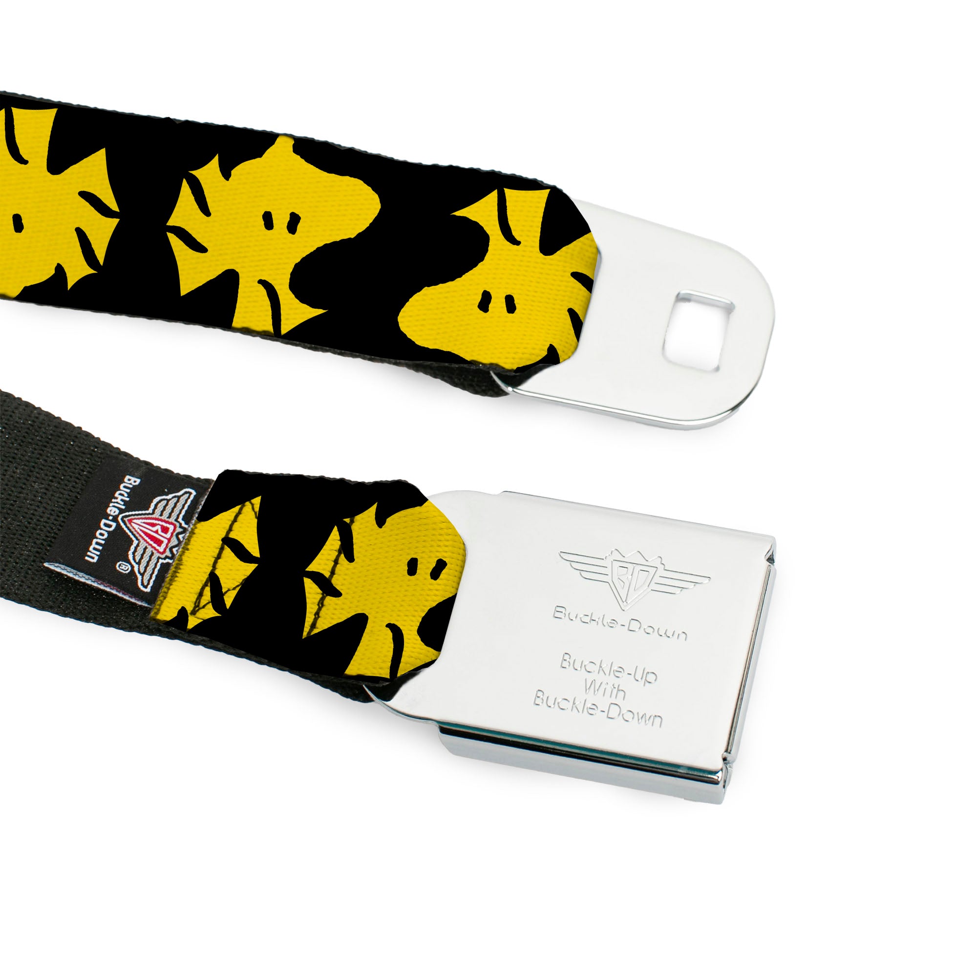 PEANUTS Title Logo Full Color Yellow/White Seatbelt Belt - Peanuts Woodstock Face Flip Black/Yellow Webbing Seatbelt Belts Peanuts