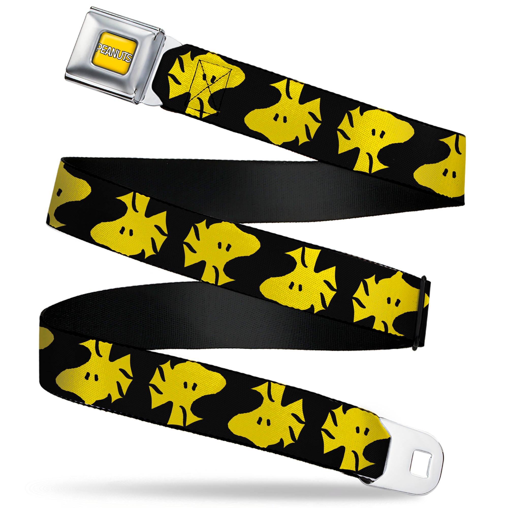 PEANUTS Title Logo Full Color Yellow/White Seatbelt Belt - Peanuts Woodstock Face Flip Black/Yellow Webbing Seatbelt Belts Peanuts