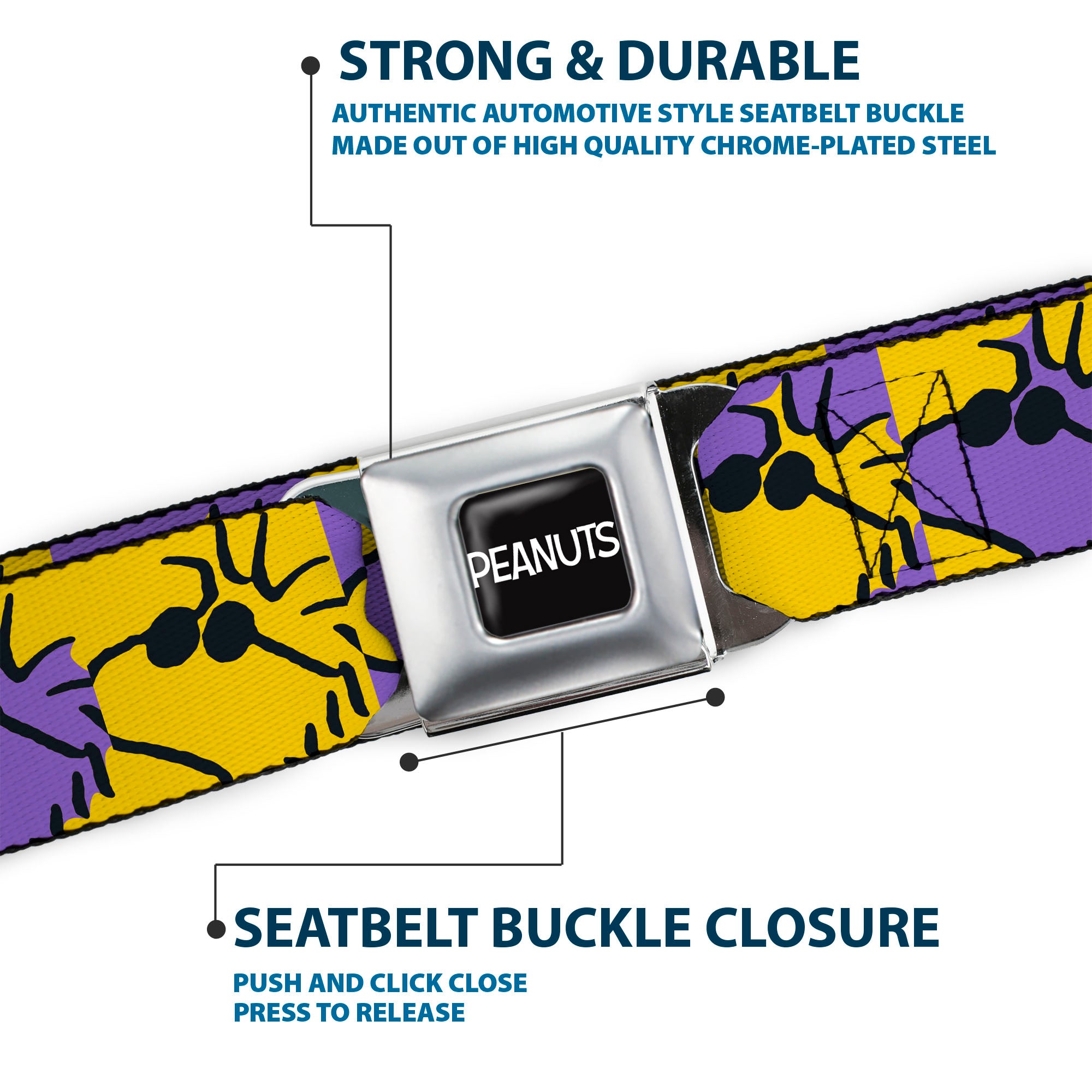 PEANUTS Title Logo Full Color Yellow/White Seatbelt Belt - Peanuts Woodstock Shades Pose Blocks Blue/Yellow/Black Webbing Seatbelt Belts Peanuts