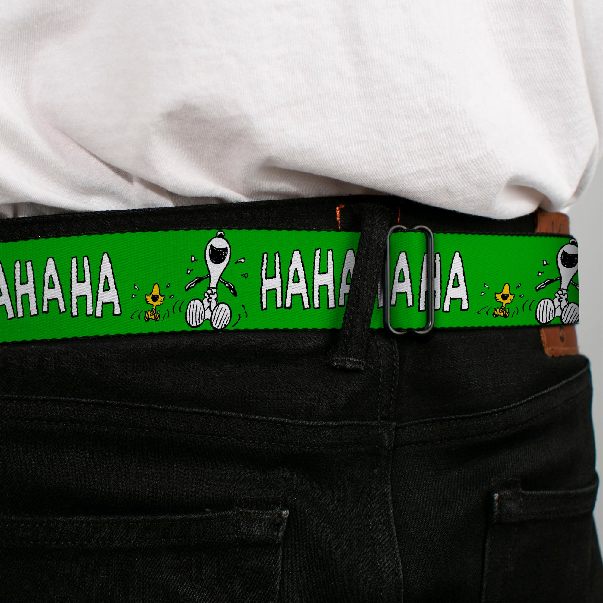 PEANUTS Title Logo Full Color Yellow/White Seatbelt Belt - Peanuts Snoopy and Woodstock Laughing HAHA Pose Green Webbing Seatbelt Belts Peanuts