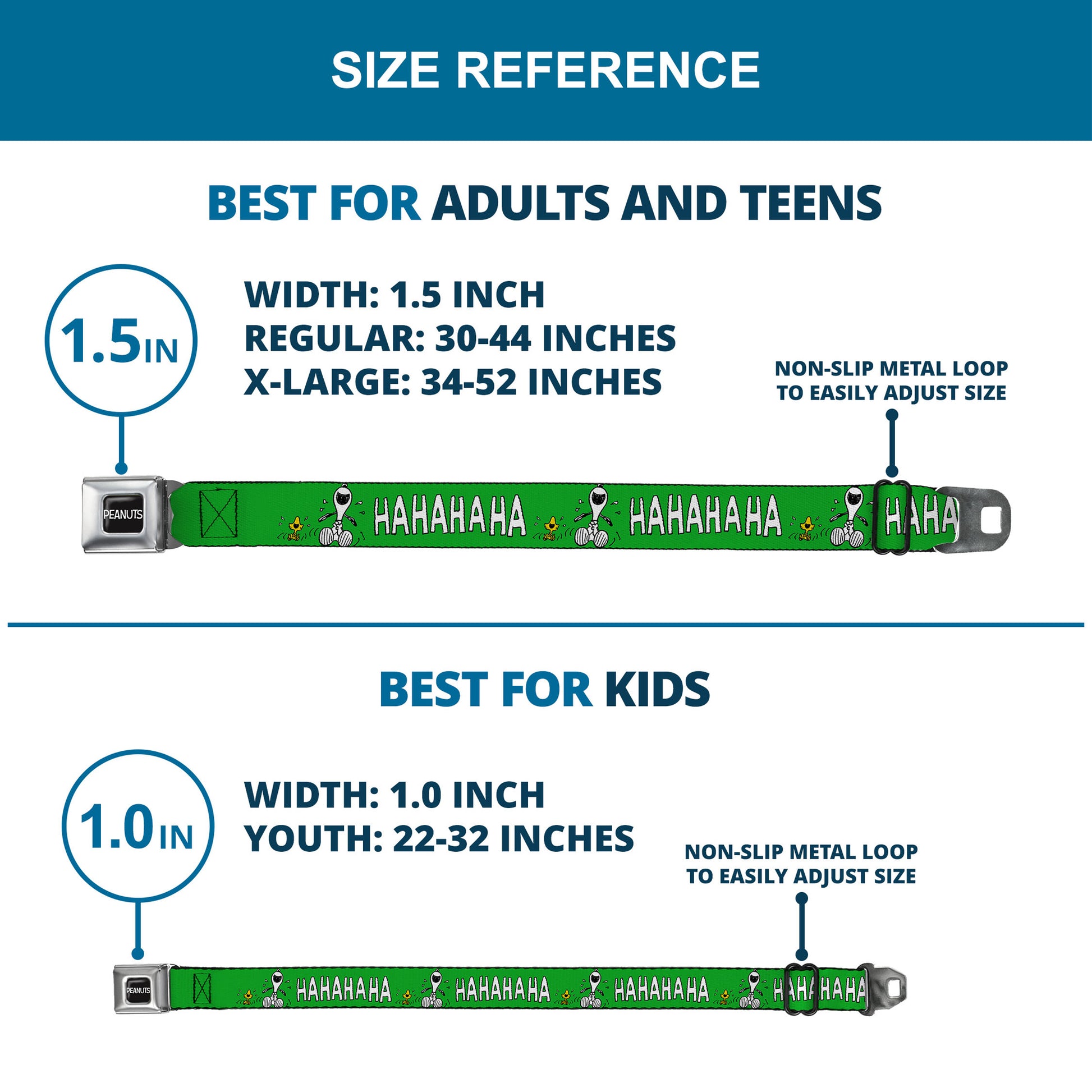 PEANUTS Title Logo Full Color Yellow/White Seatbelt Belt - Peanuts Snoopy and Woodstock Laughing HAHA Pose Green Webbing Seatbelt Belts Peanuts