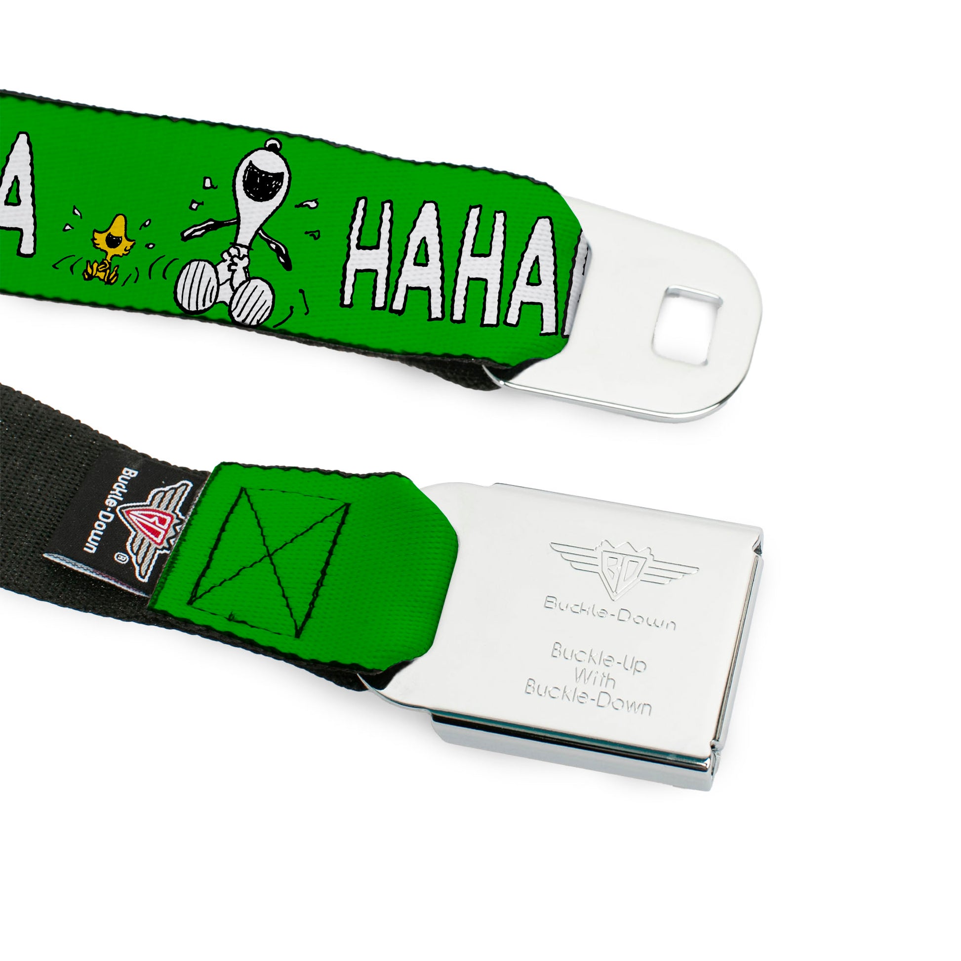 PEANUTS Title Logo Full Color Yellow/White Seatbelt Belt - Peanuts Snoopy and Woodstock Laughing HAHA Pose Green Webbing Seatbelt Belts Peanuts
