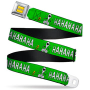PEANUTS Title Logo Full Color Yellow/White Seatbelt Belt - Peanuts Snoopy and Woodstock Laughing HAHA Pose Green Webbing Seatbelt Belts Peanuts