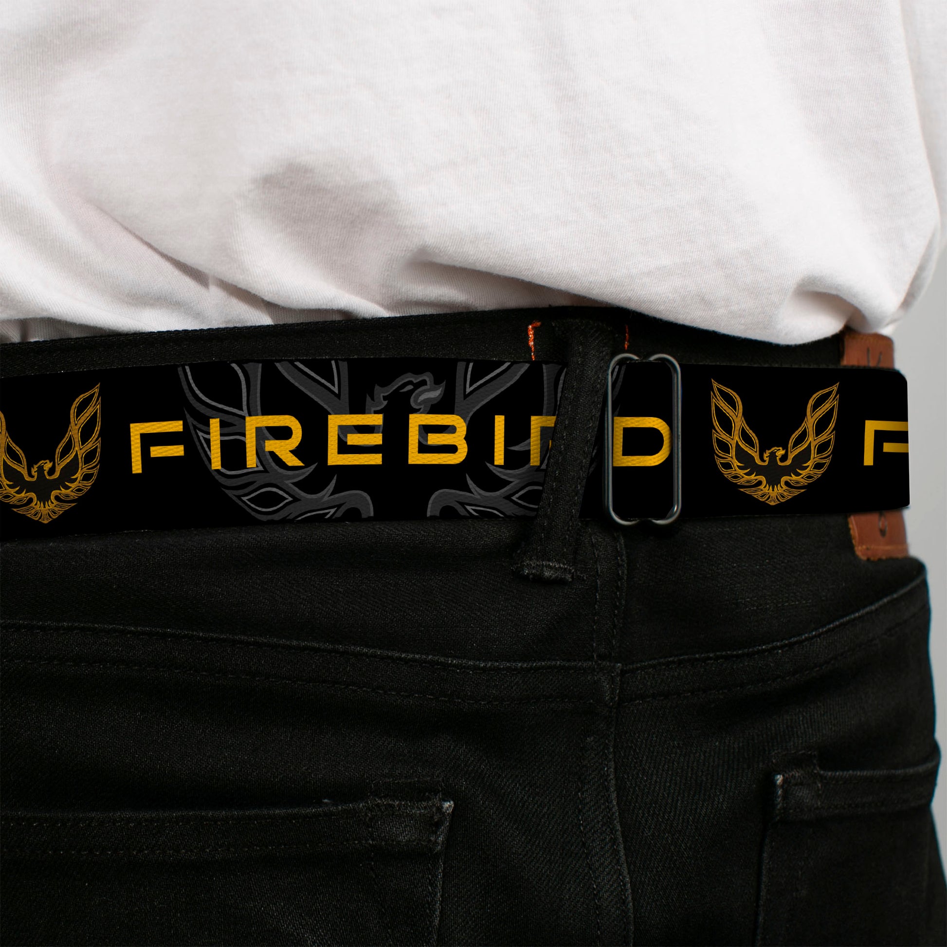 Pontiac Firebird Logo Full Color Black Golds Seatbelt Belt - Pontiac FIREBIRD/Logo Black/Grays/Golds Webbing Seatbelt Belts GM General Motors