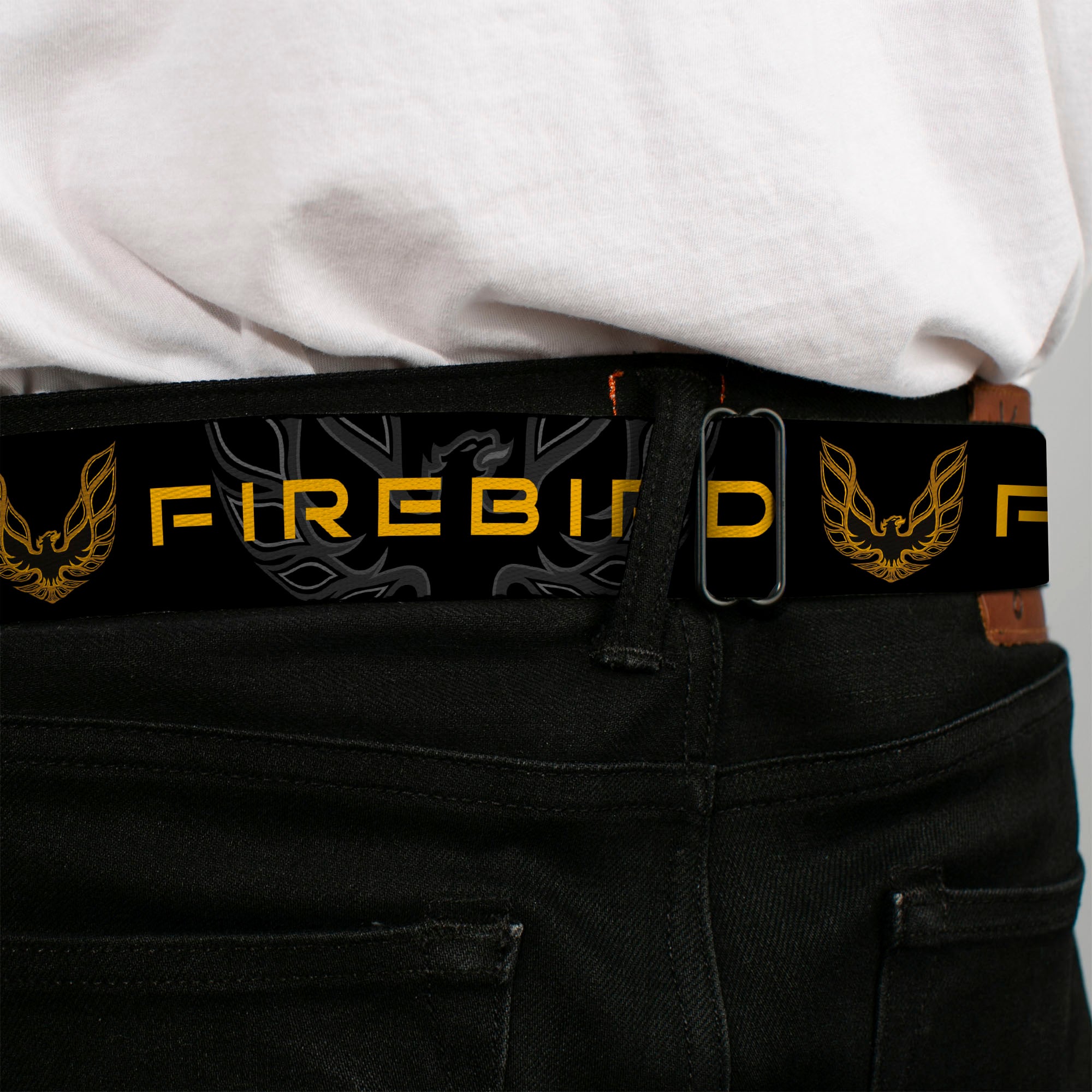 Pontiac Firebird Logo Full Color Black Golds Seatbelt Belt - Pontiac FIREBIRD/Logo Black/Grays/Golds Webbing Seatbelt Belts GM General Motors
