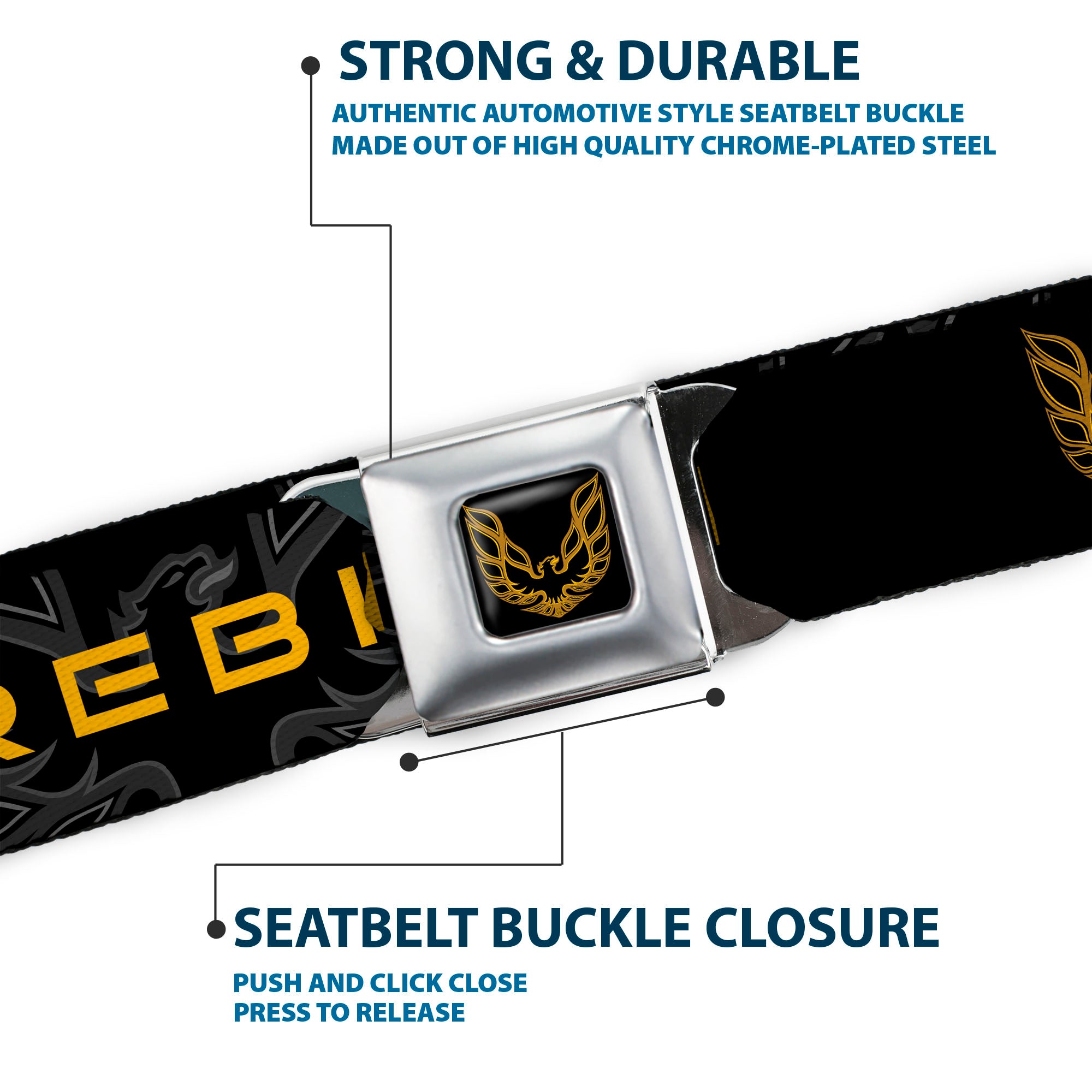 Pontiac Firebird Logo Full Color Black Golds Seatbelt Belt - Pontiac FIREBIRD/Logo Black/Grays/Golds Webbing Seatbelt Belts GM General Motors