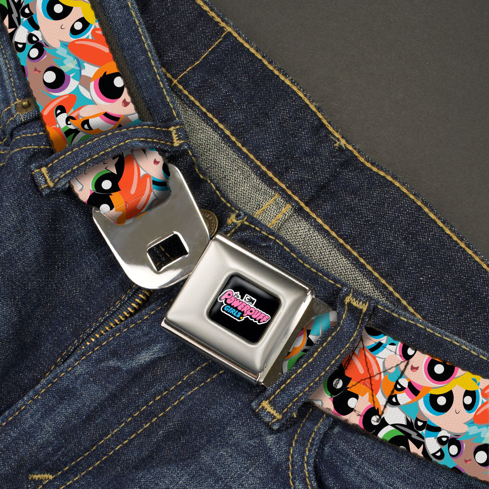 THE POWERPUFF GIRLS Animated Series Title Logo Full Color Black Seatbelt Belt - The Powerpuff Girls Expressions Stacked Webbing Seatbelt Belts Powerpuff Girls