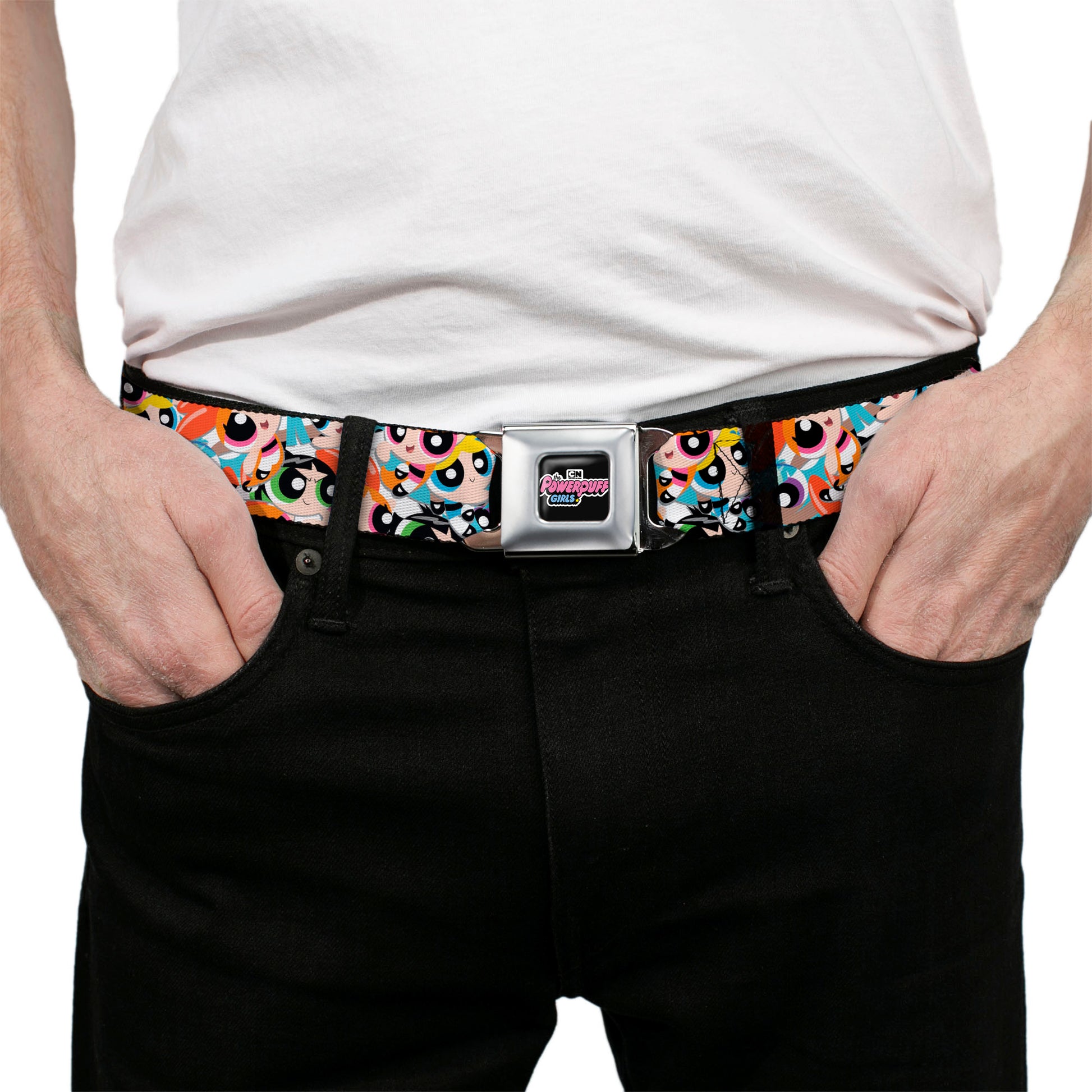 THE POWERPUFF GIRLS Animated Series Title Logo Full Color Black Seatbelt Belt - The Powerpuff Girls Expressions Stacked Webbing Seatbelt Belts Powerpuff Girls
