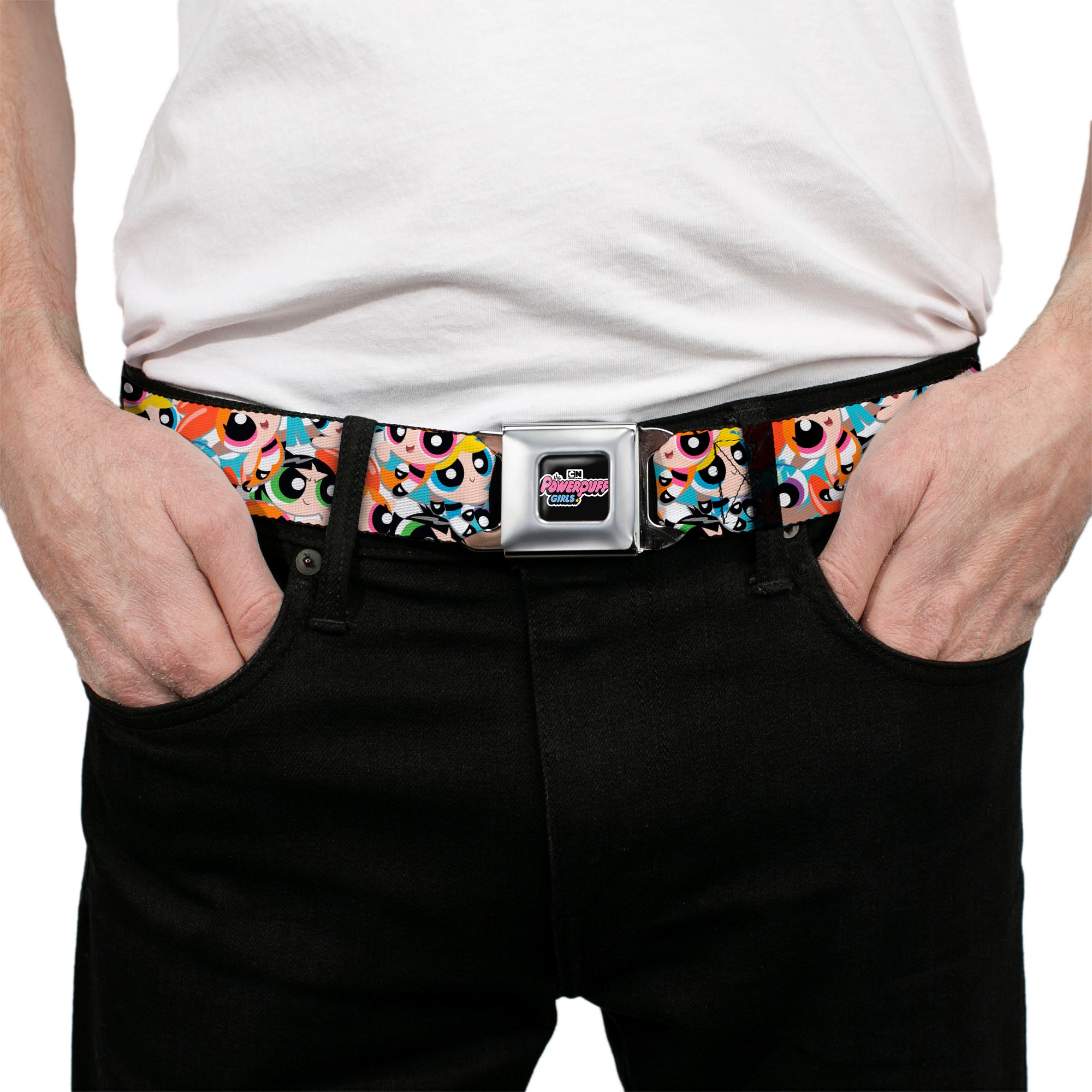 THE POWERPUFF GIRLS Animated Series Title Logo Full Color Black Seatbelt Belt - The Powerpuff Girls Expressions Stacked Webbing Seatbelt Belts Powerpuff Girls