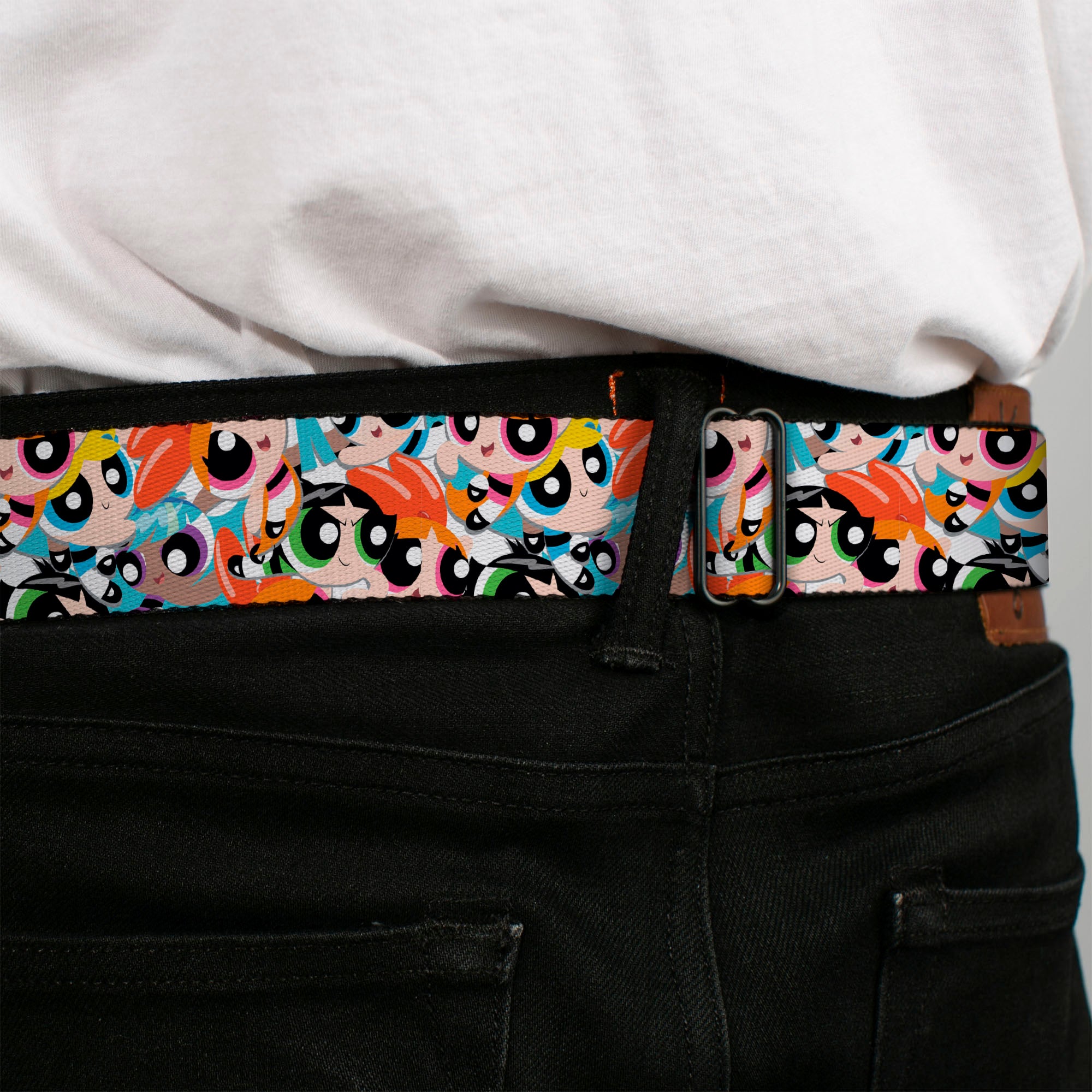 THE POWERPUFF GIRLS Animated Series Title Logo Full Color Black Seatbelt Belt - The Powerpuff Girls Expressions Stacked Webbing Seatbelt Belts Powerpuff Girls