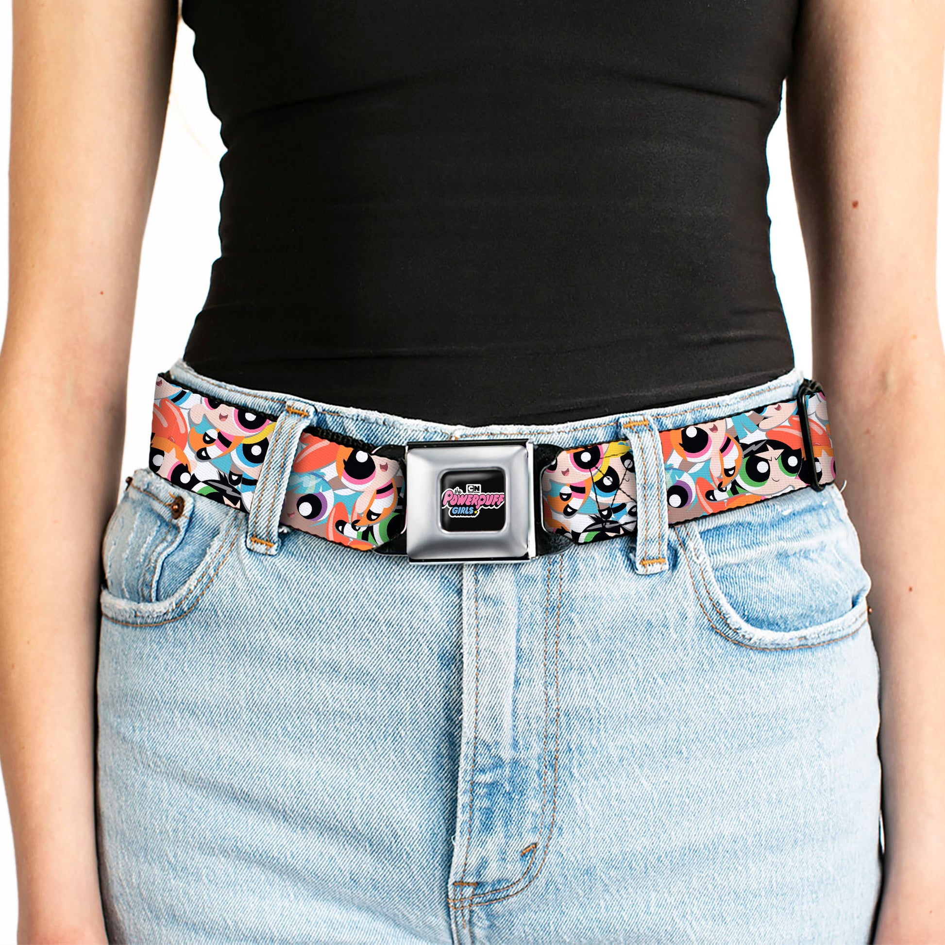 THE POWERPUFF GIRLS Animated Series Title Logo Full Color Black Seatbelt Belt - The Powerpuff Girls Expressions Stacked Webbing Seatbelt Belts Powerpuff Girls