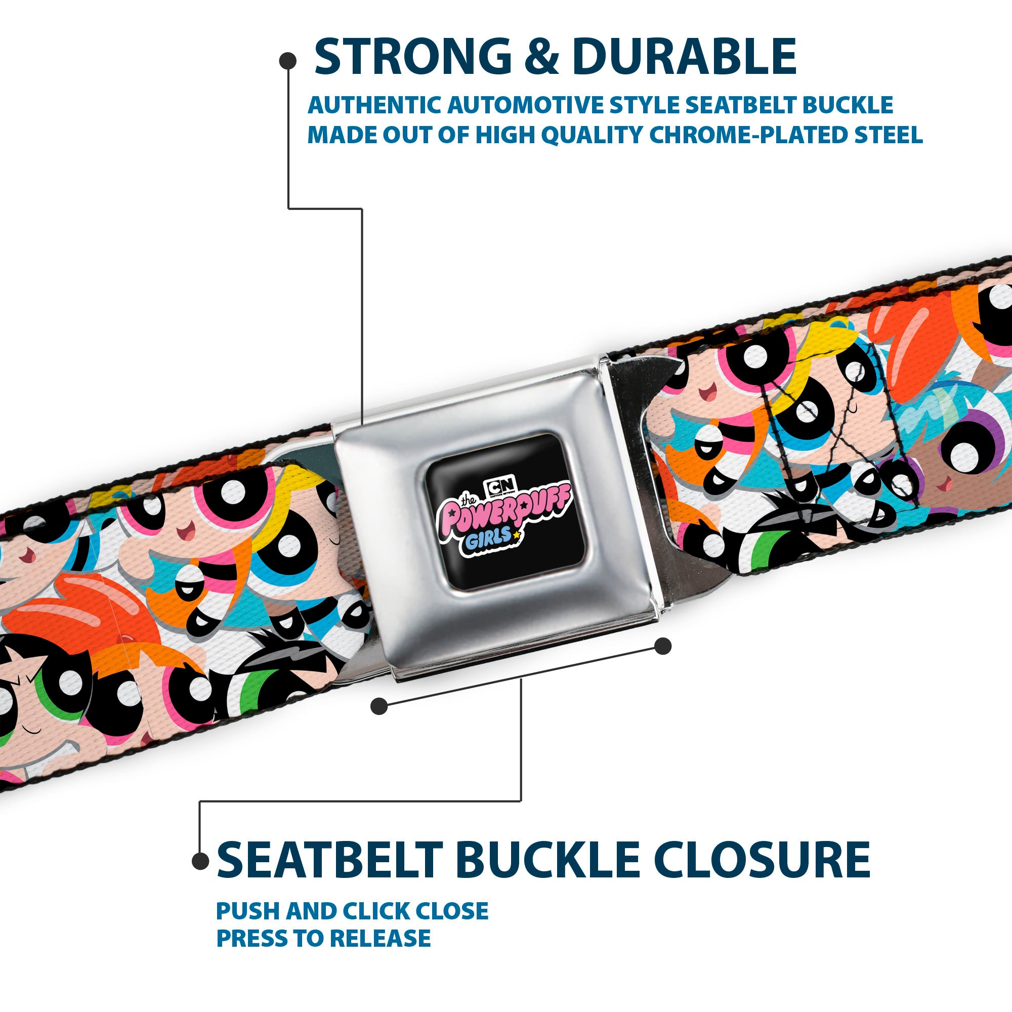 THE POWERPUFF GIRLS Animated Series Title Logo Full Color Black Seatbelt Belt - The Powerpuff Girls Expressions Stacked Webbing Seatbelt Belts Powerpuff Girls