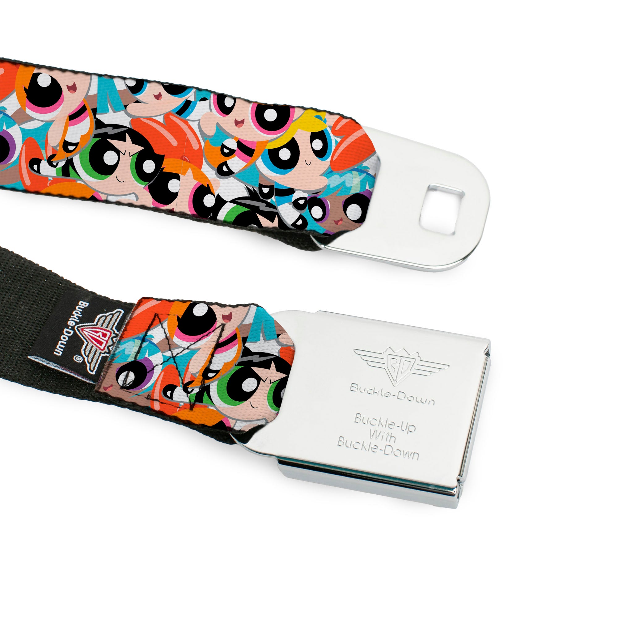 THE POWERPUFF GIRLS Animated Series Title Logo Full Color Black Seatbelt Belt - The Powerpuff Girls Expressions Stacked Webbing Seatbelt Belts Powerpuff Girls