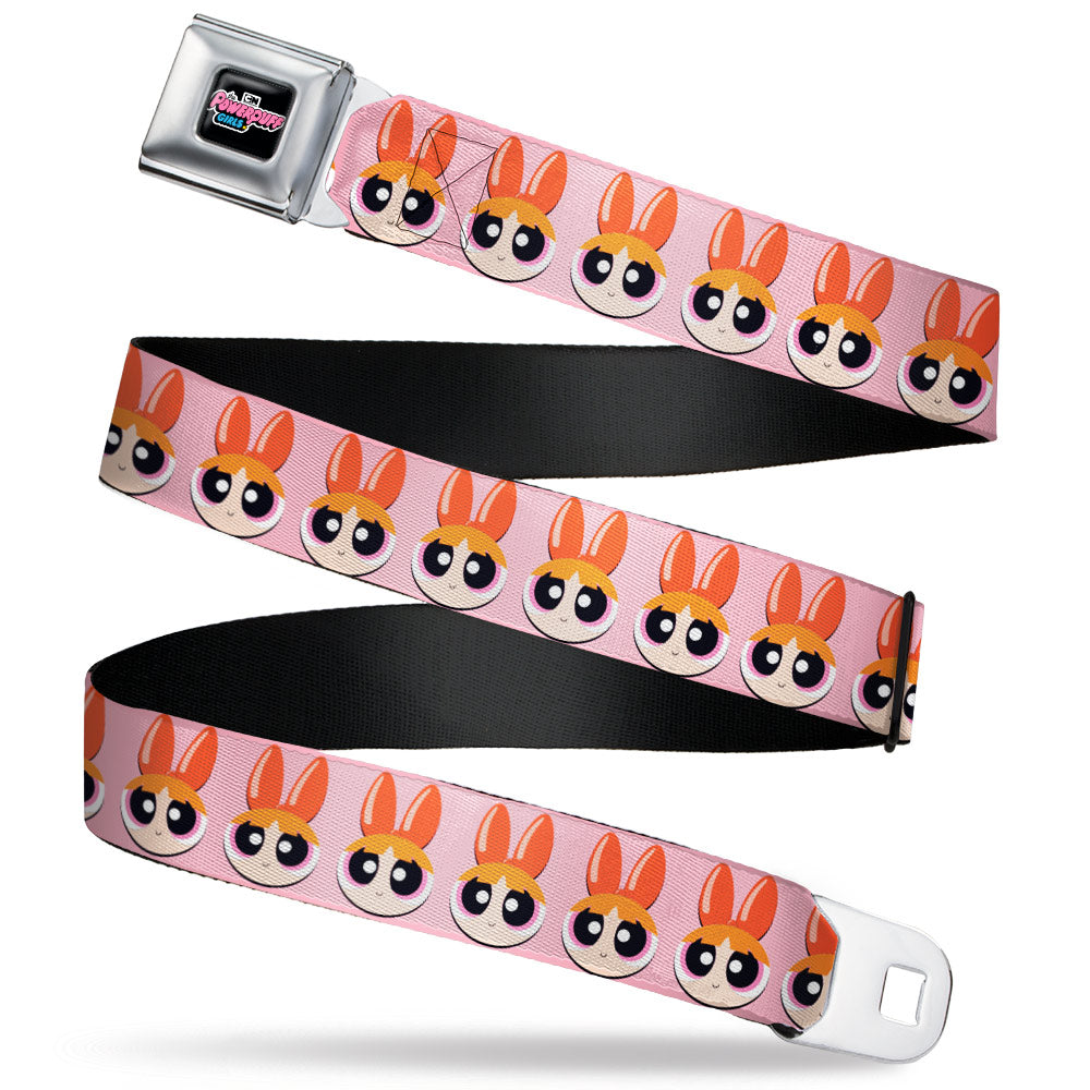 THE POWERPUFF GIRLS Animated Series Title Logo Full Color Black Seatbelt Belt - The Powerpuff Girls Blossom Face Close-Up Pink Webbing Seatbelt Belts Powerpuff Girls
