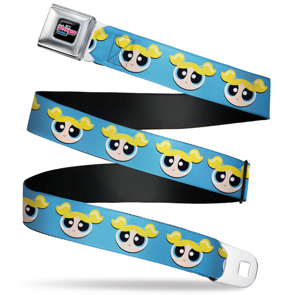 THE POWERPUFF GIRLS Animated Series Title Logo Full Color Black Seatbelt Belt - The Powerpuff Girls Bubbles Face Close-Up Blue Webbing Seatbelt Belts Powerpuff Girls