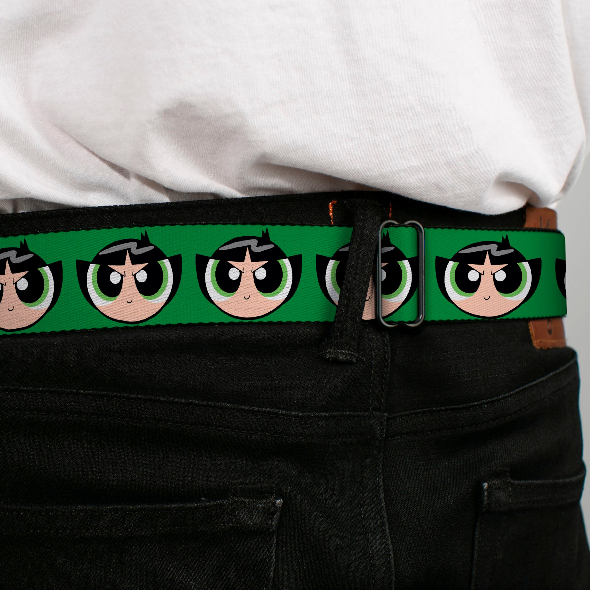 THE POWERPUFF GIRLS Animated Series Title Logo Full Color Black Seatbelt Belt - The Powerpuff Girls Buttercup Face Close-Up Green Webbing Seatbelt Belts Powerpuff Girls