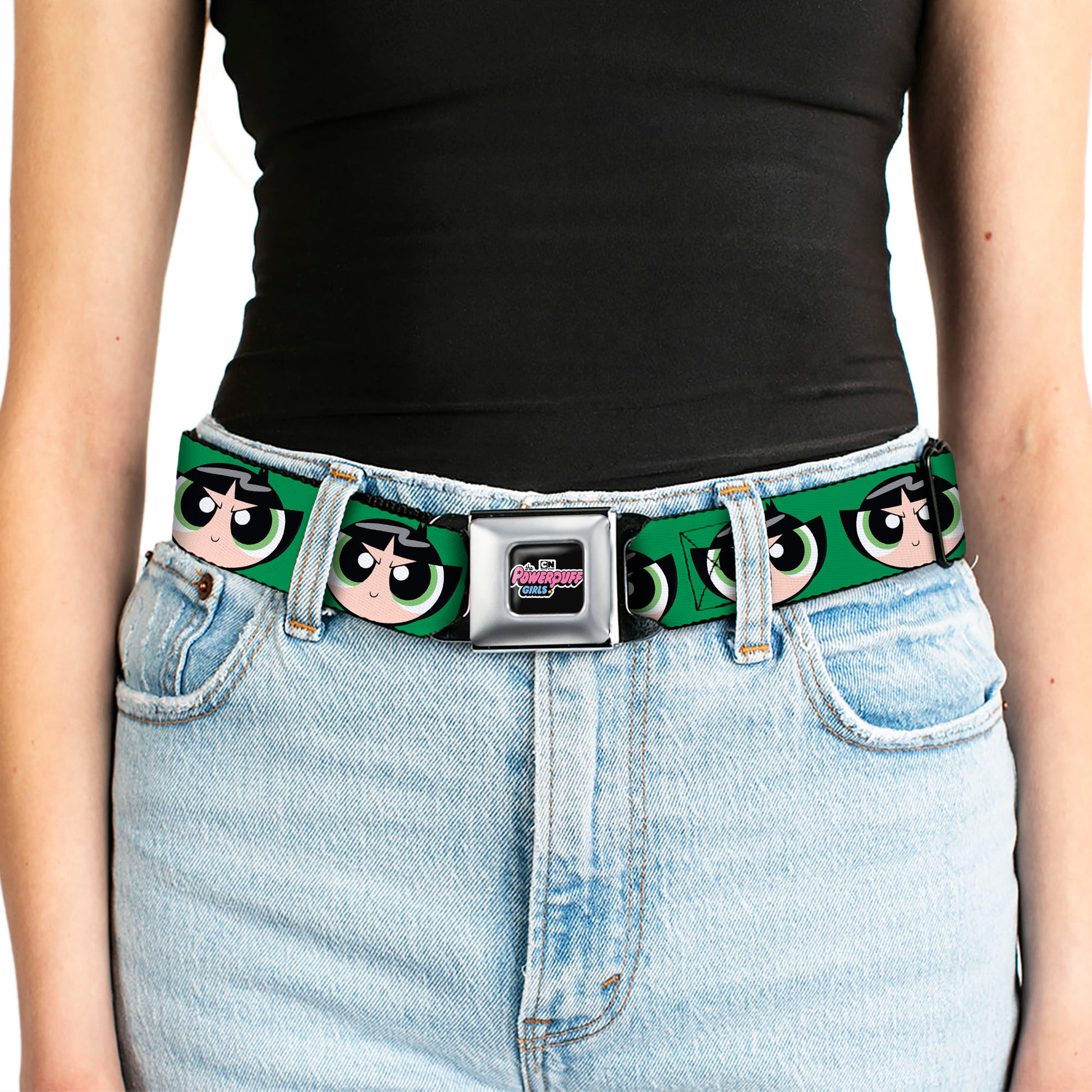 THE POWERPUFF GIRLS Animated Series Title Logo Full Color Black Seatbelt Belt - The Powerpuff Girls Buttercup Face Close-Up Green Webbing Seatbelt Belts Powerpuff Girls