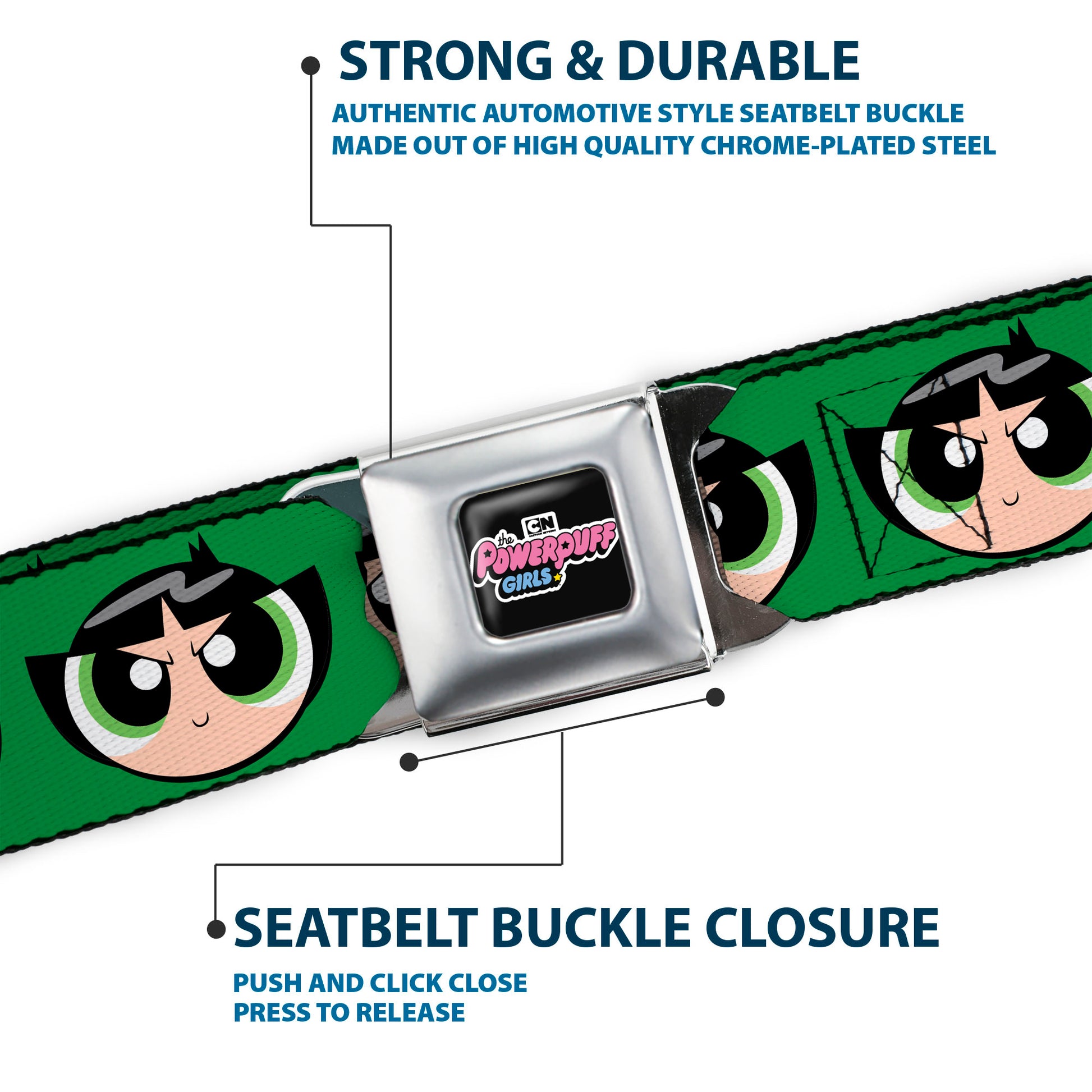THE POWERPUFF GIRLS Animated Series Title Logo Full Color Black Seatbelt Belt - The Powerpuff Girls Buttercup Face Close-Up Green Webbing Seatbelt Belts Powerpuff Girls