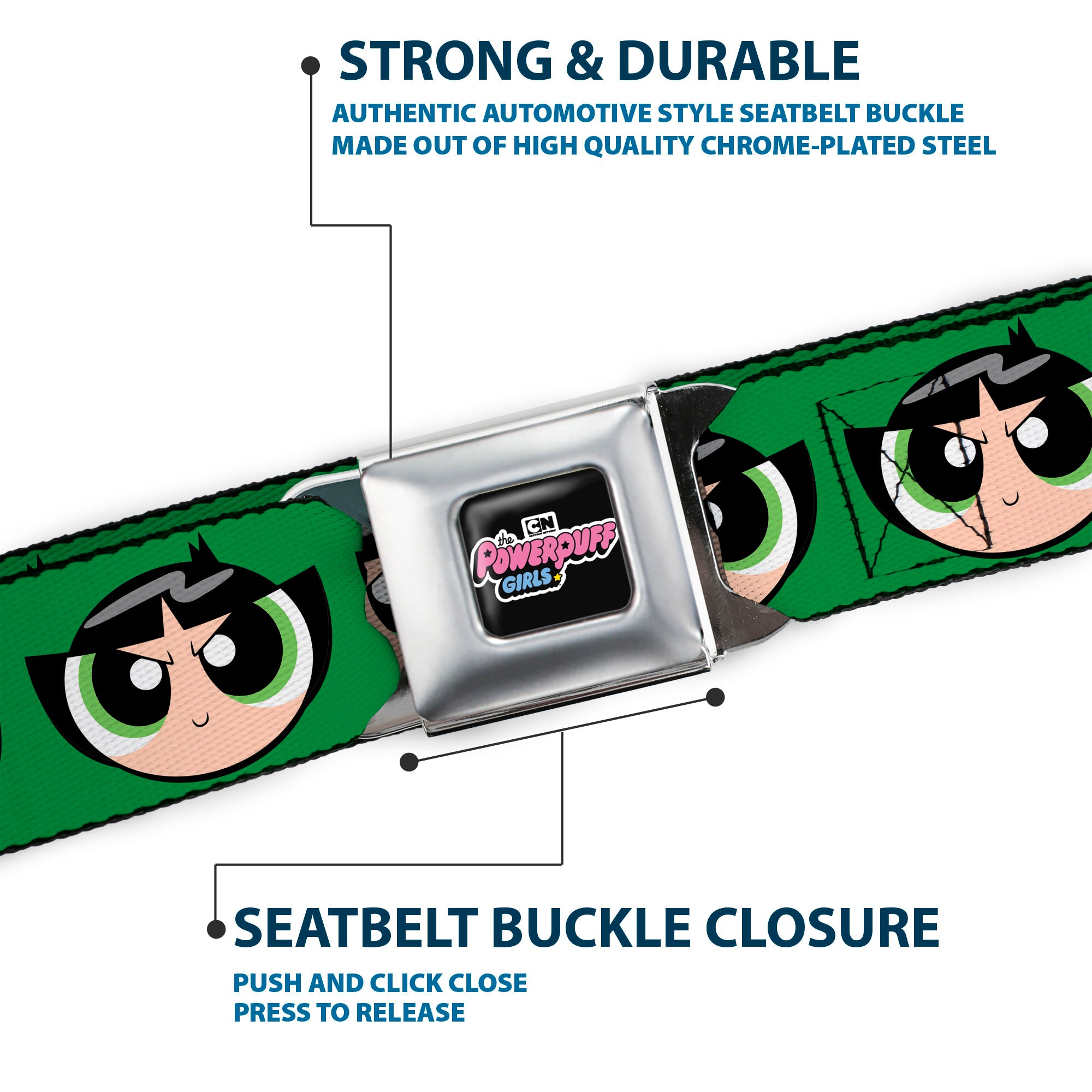 THE POWERPUFF GIRLS Animated Series Title Logo Full Color Black Seatbelt Belt - The Powerpuff Girls Buttercup Face Close-Up Green Webbing Seatbelt Belts Powerpuff Girls