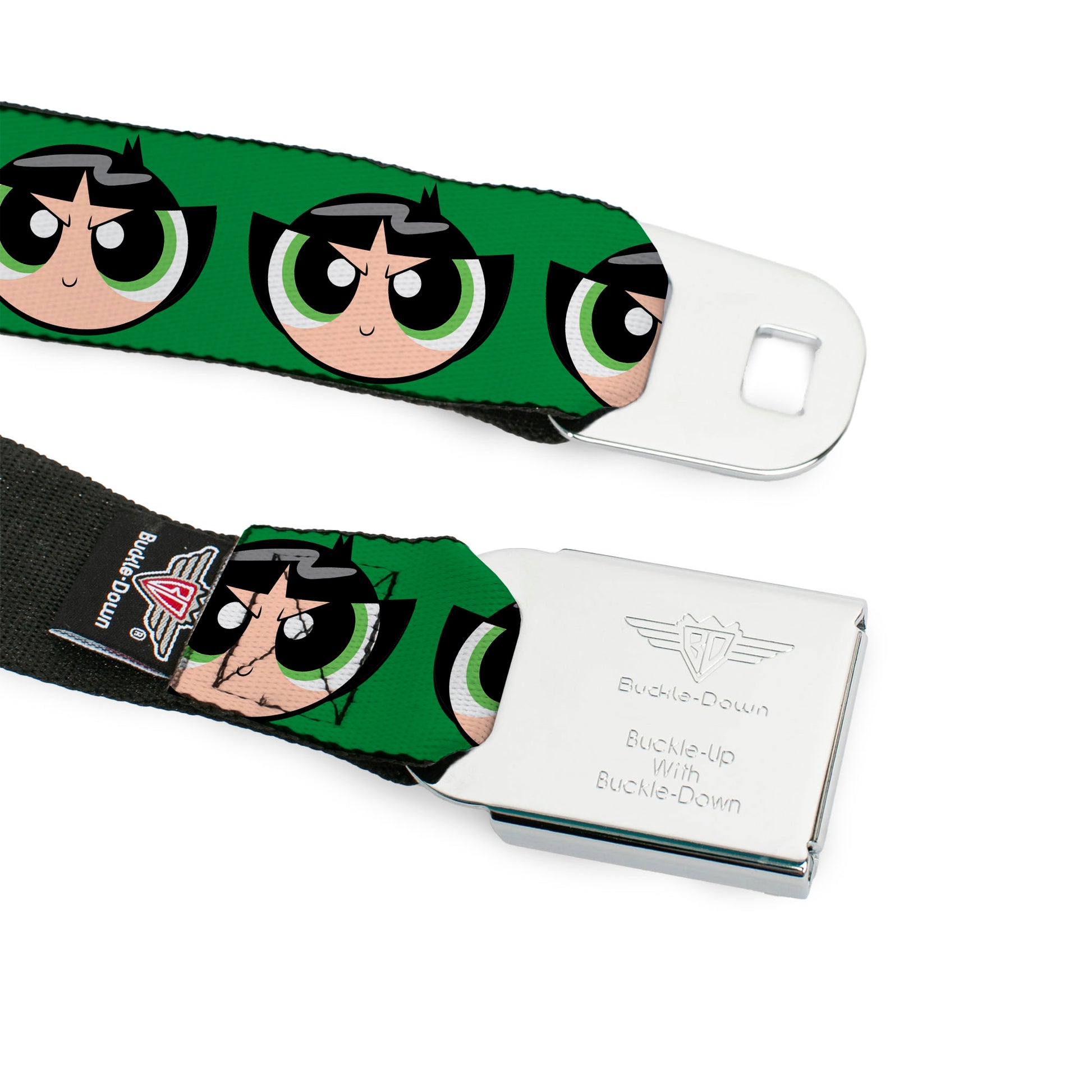 THE POWERPUFF GIRLS Animated Series Title Logo Full Color Black Seatbelt Belt - The Powerpuff Girls Buttercup Face Close-Up Green Webbing Seatbelt Belts Powerpuff Girls