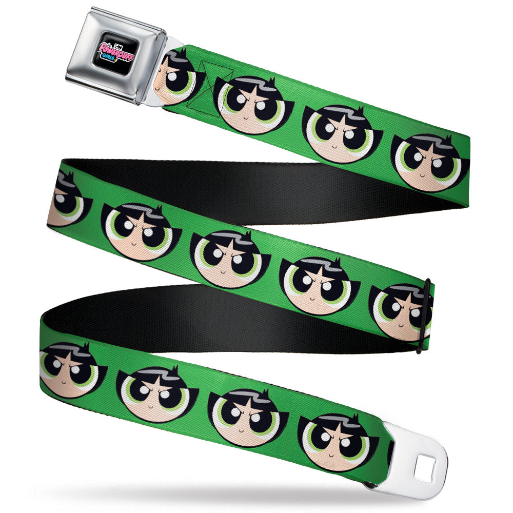 THE POWERPUFF GIRLS Animated Series Title Logo Full Color Black Seatbelt Belt - The Powerpuff Girls Buttercup Face Close-Up Green Webbing Seatbelt Belts Powerpuff Girls