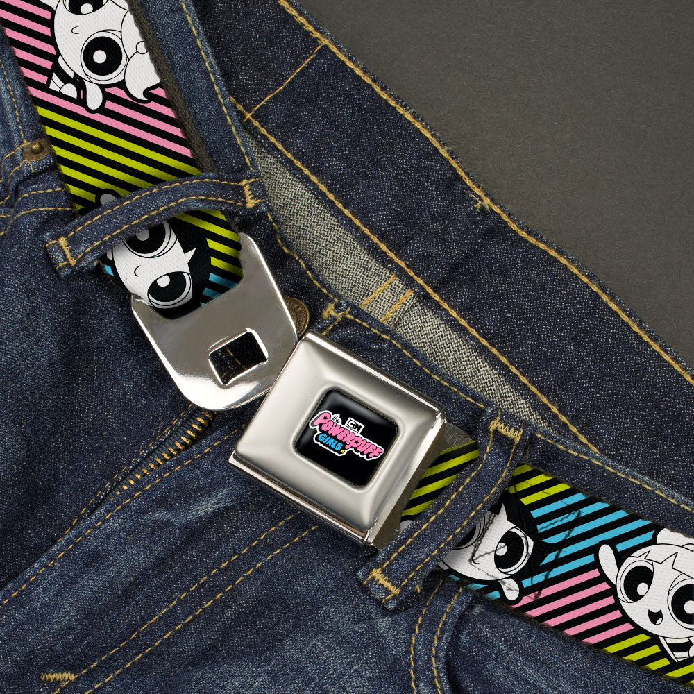 THE POWERPUFF GIRLS Animated Series Title Logo Full Color Black Seatbelt Belt - The Powerpuff Girls and Donny Stripe Black/Multi Pastel Webbing Seatbelt Belts Powerpuff Girls