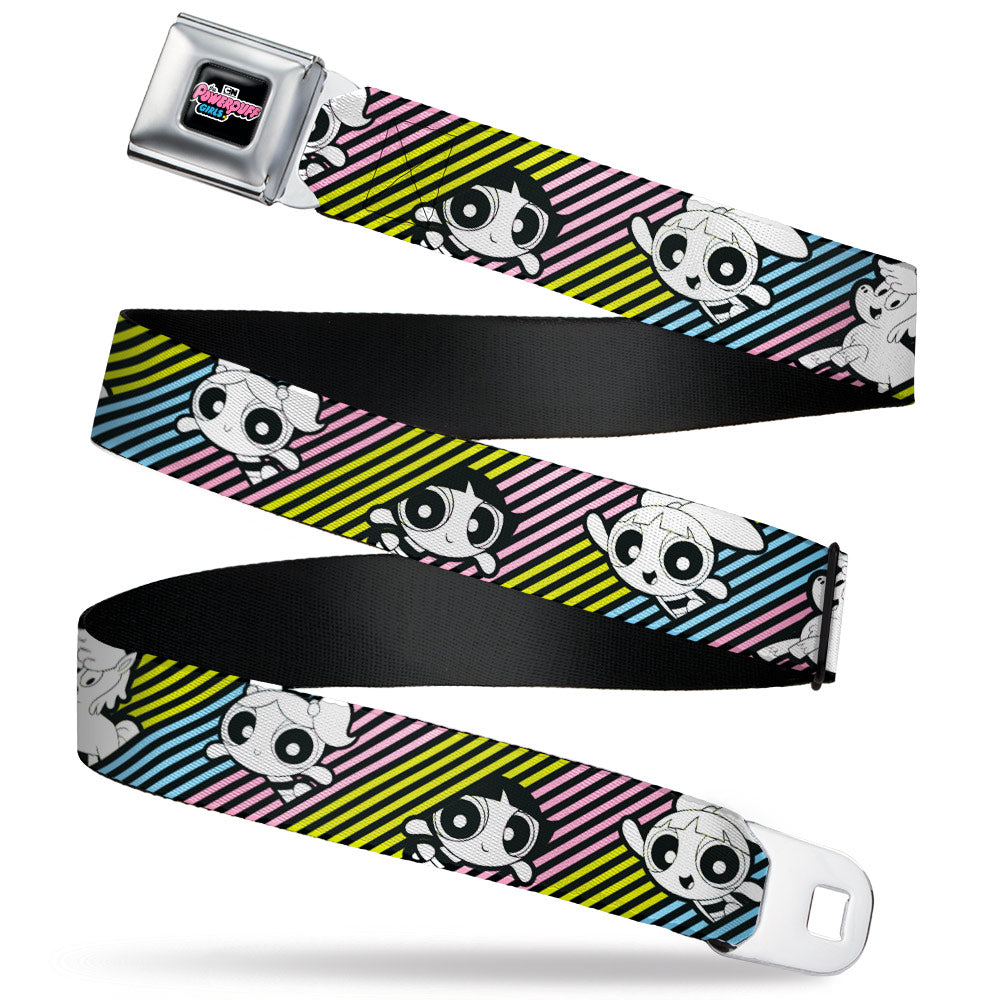 THE POWERPUFF GIRLS Animated Series Title Logo Full Color Black Seatbelt Belt - The Powerpuff Girls and Donny Stripe Black/Multi Pastel Webbing Seatbelt Belts Powerpuff Girls