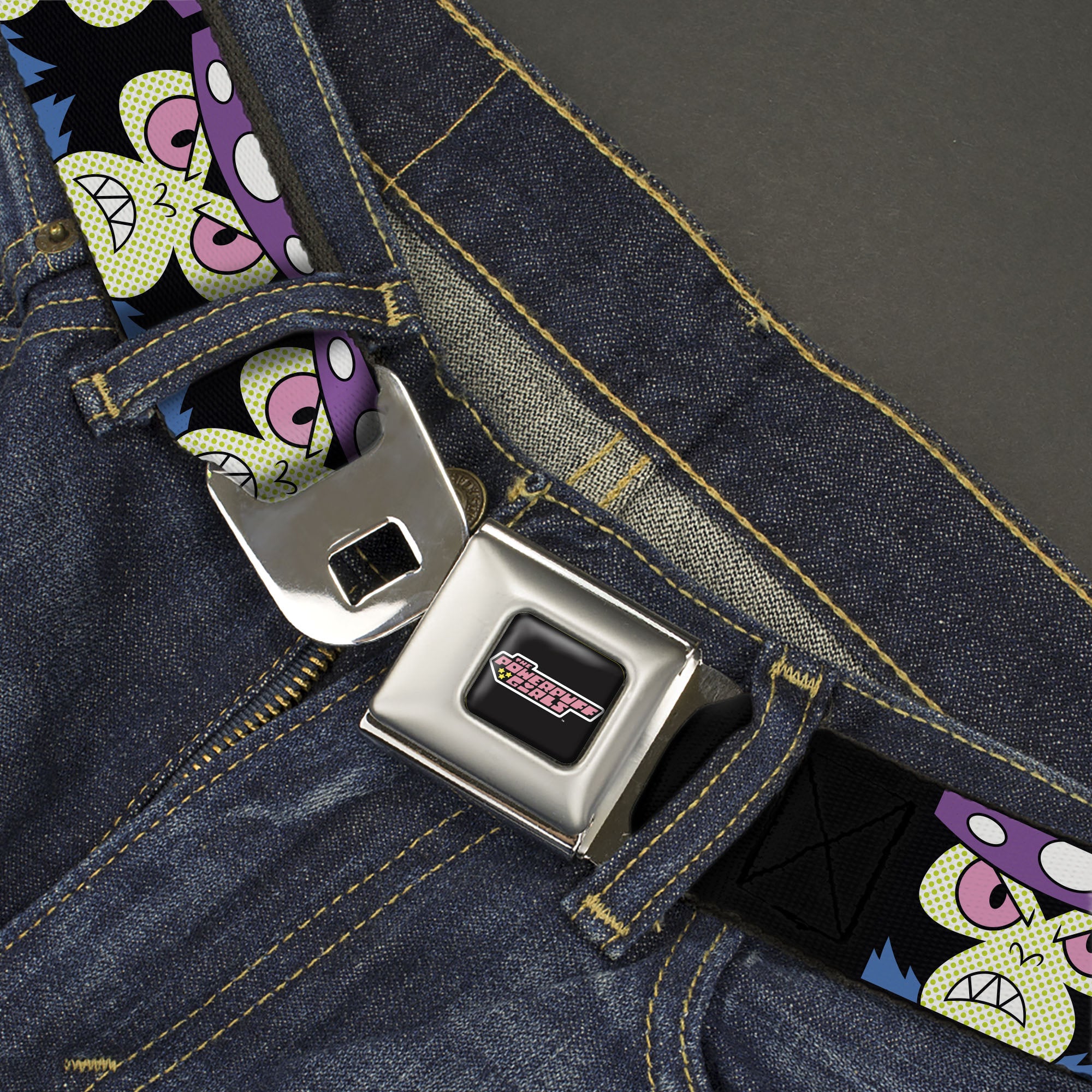 THE POWERPUFF GIRLS Title Logo Full Color Black/White Seatbelt Belt - The Power Puff Girls Mojo Jojo Face Close-Up Webbing Seatbelt Belts Powerpuff Girls