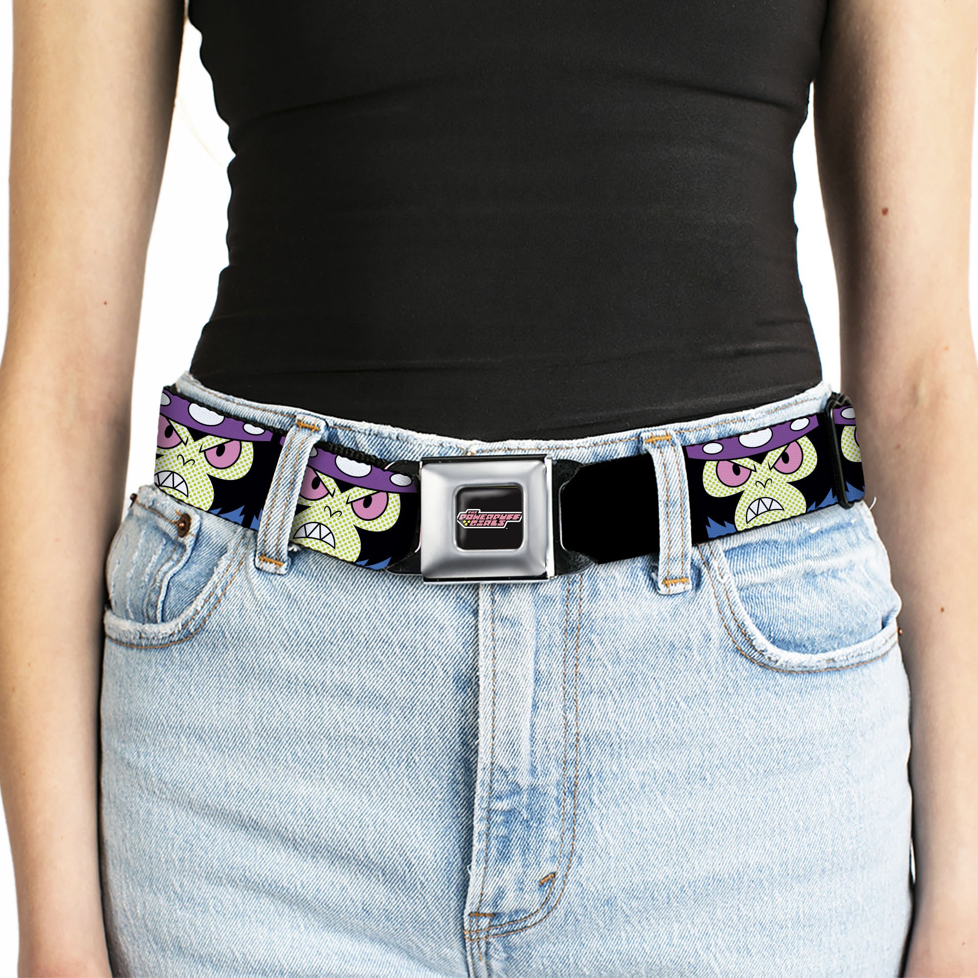 THE POWERPUFF GIRLS Title Logo Full Color Black/White Seatbelt Belt - The Power Puff Girls Mojo Jojo Face Close-Up Webbing Seatbelt Belts Powerpuff Girls