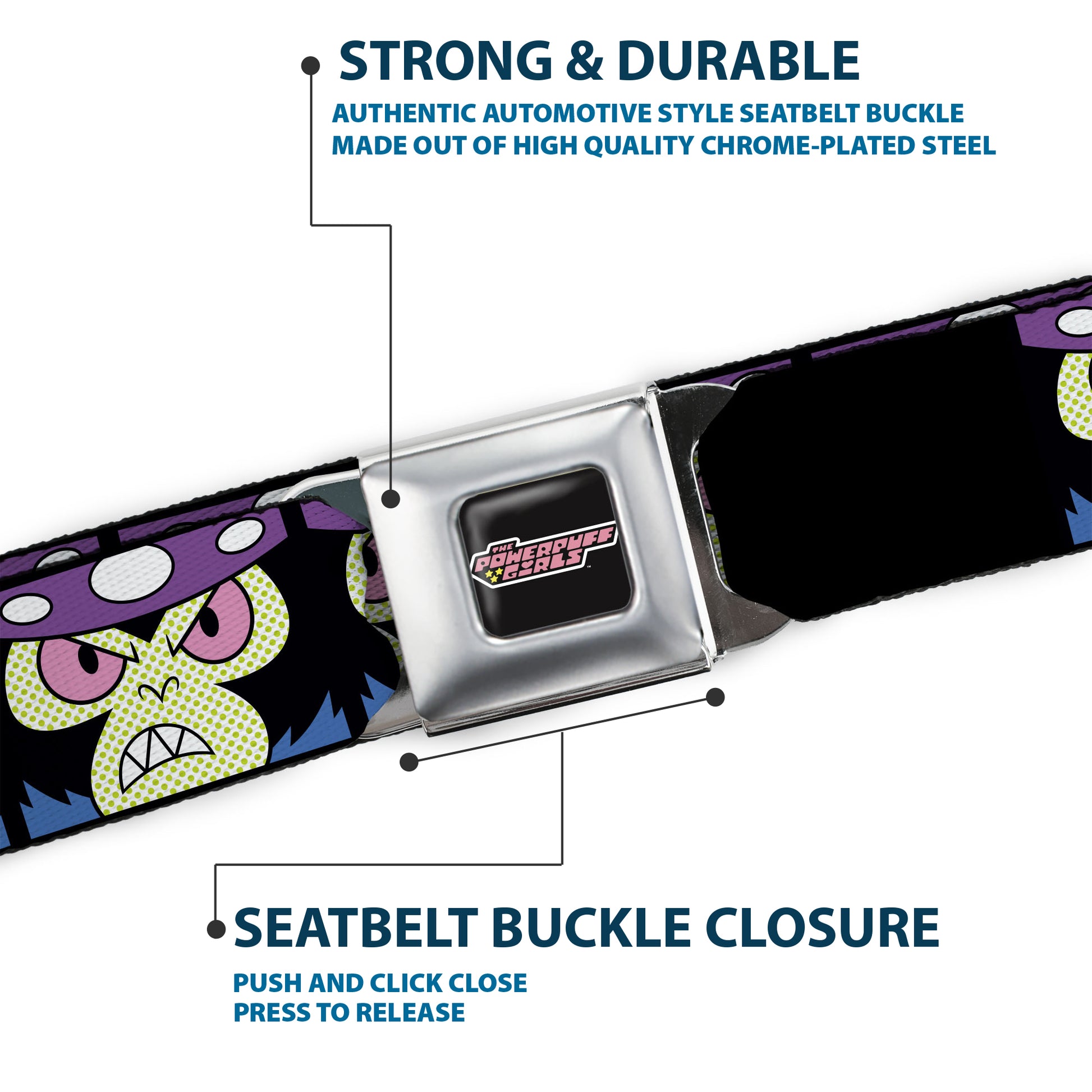 THE POWERPUFF GIRLS Title Logo Full Color Black/White Seatbelt Belt - The Power Puff Girls Mojo Jojo Face Close-Up Webbing Seatbelt Belts Powerpuff Girls