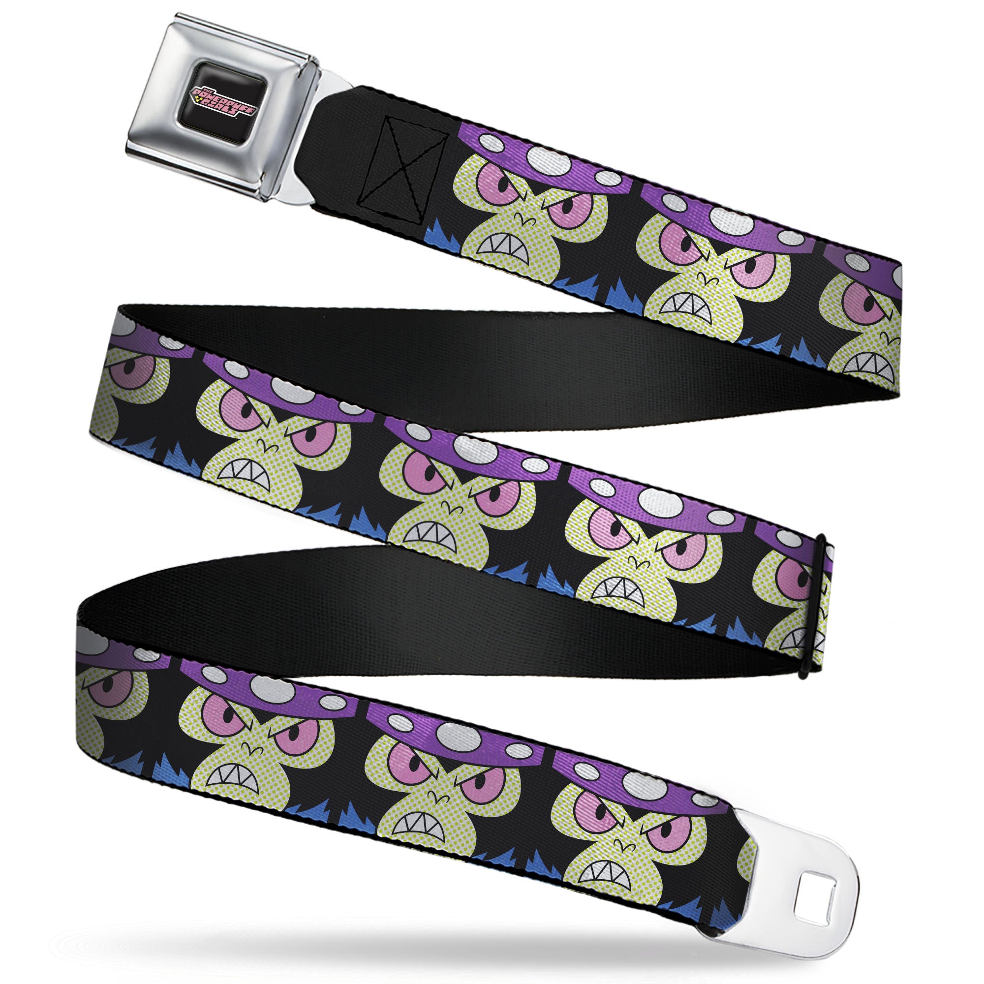 THE POWERPUFF GIRLS Title Logo Full Color Black/White Seatbelt Belt - The Power Puff Girls Mojo Jojo Face Close-Up Webbing Seatbelt Belts Powerpuff Girls
