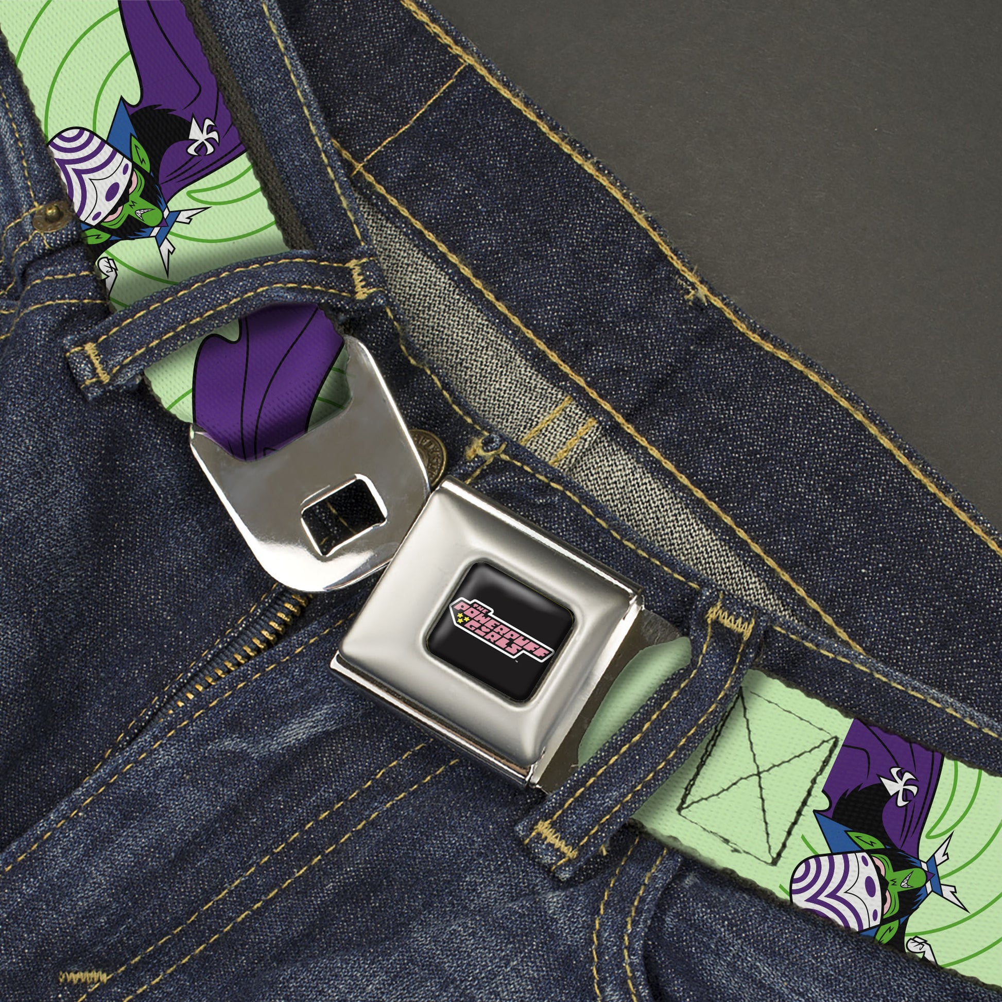 THE POWERPUFF GIRLS Title Logo Full Color Black/White Seatbelt Belt - The Power Puff Girls Mojo Jojo Cape Poses Scattered Webbing Seatbelt Belts Powerpuff Girls