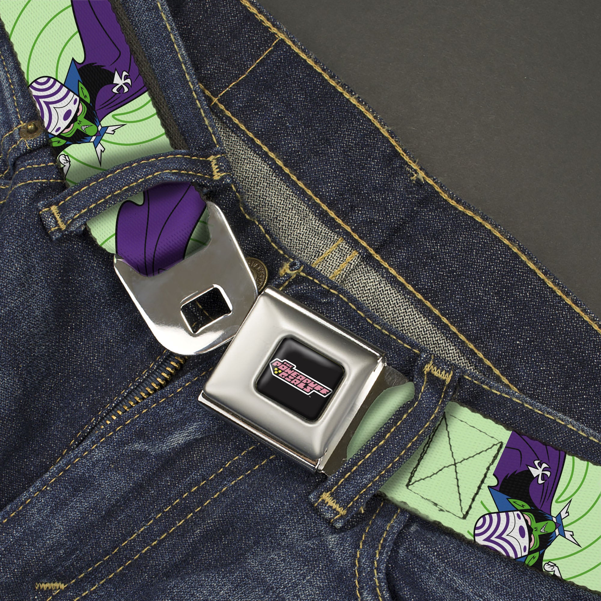 THE POWERPUFF GIRLS Title Logo Full Color Black/White Seatbelt Belt - The Power Puff Girls Mojo Jojo Cape Poses Scattered Webbing Seatbelt Belts Powerpuff Girls