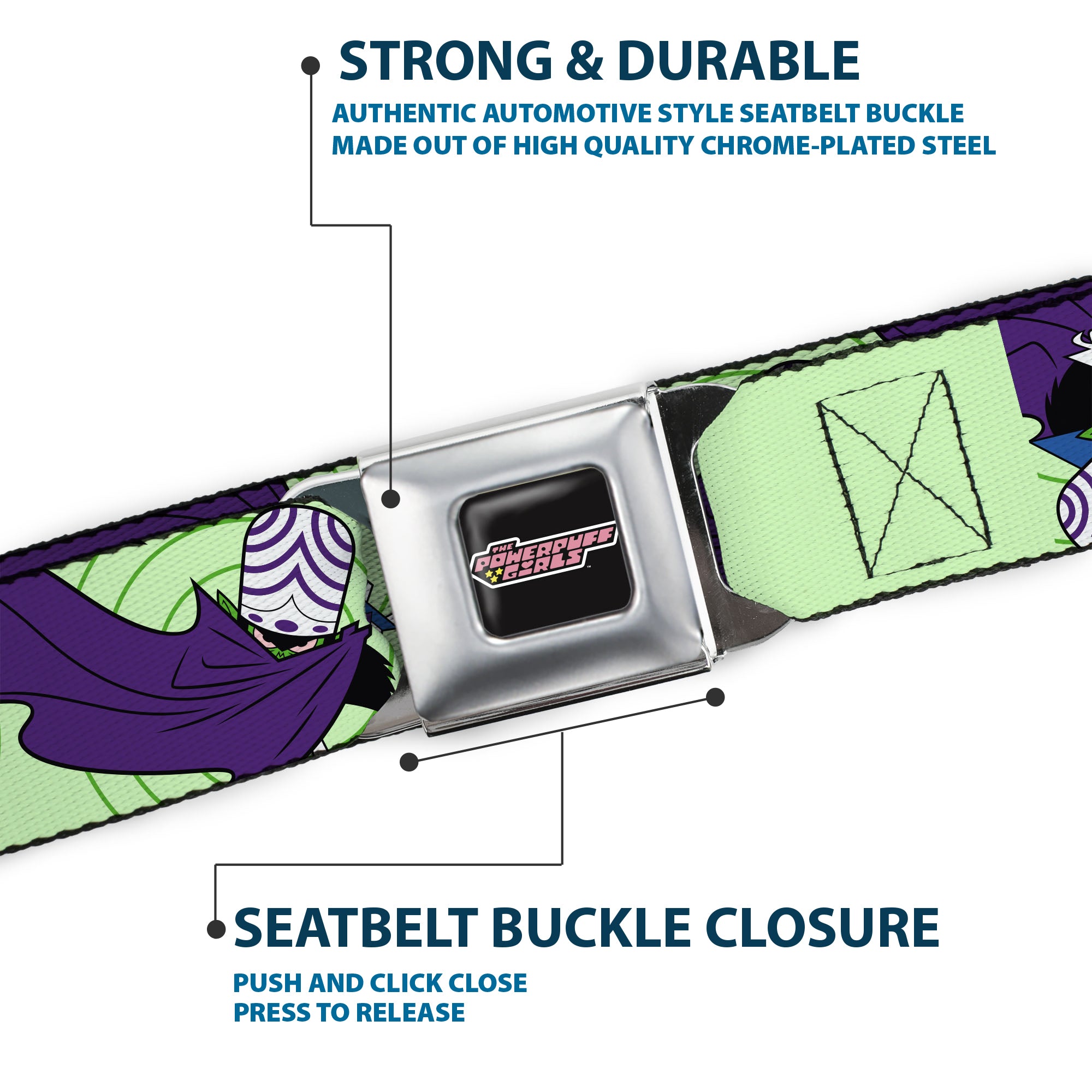 THE POWERPUFF GIRLS Title Logo Full Color Black/White Seatbelt Belt - The Power Puff Girls Mojo Jojo Cape Poses Scattered Webbing Seatbelt Belts Powerpuff Girls