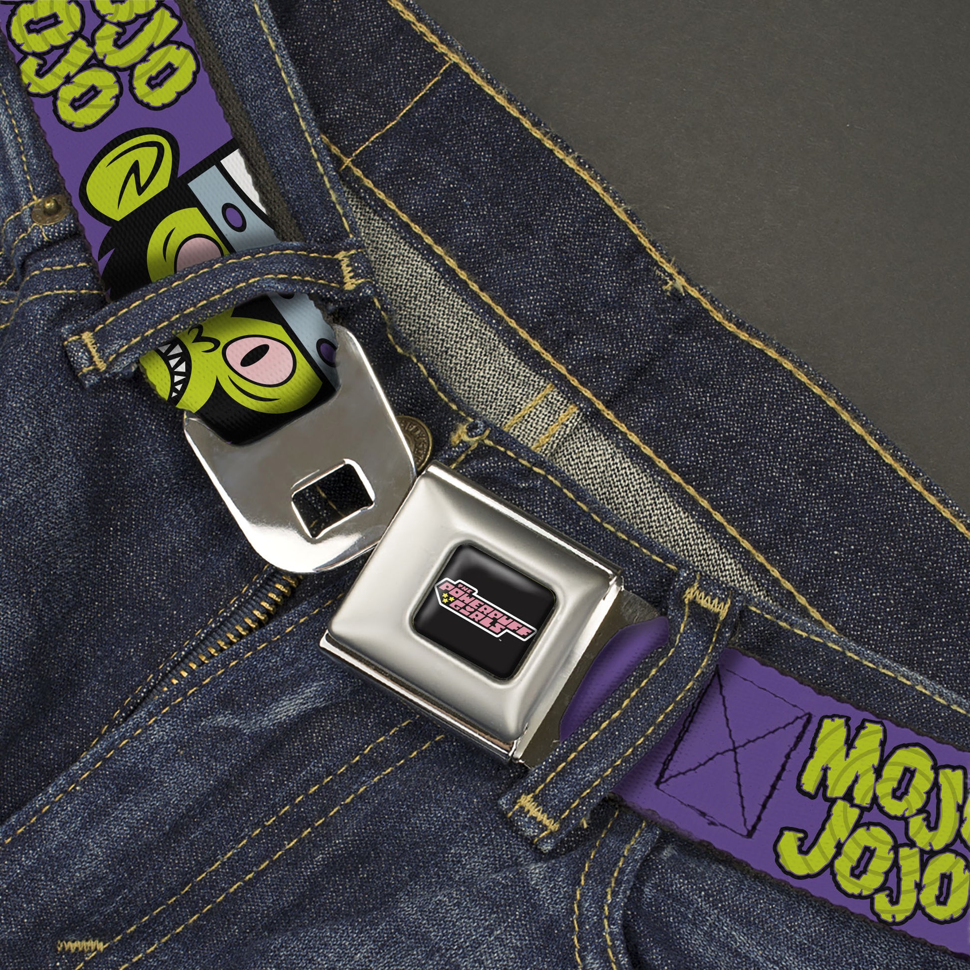 THE POWERPUFF GIRLS Title Logo Full Color Black/White Seatbelt Belt - MOJO JOJO Face Close-Up and Text Purple/Green Webbing Seatbelt Belts Powerpuff Girls