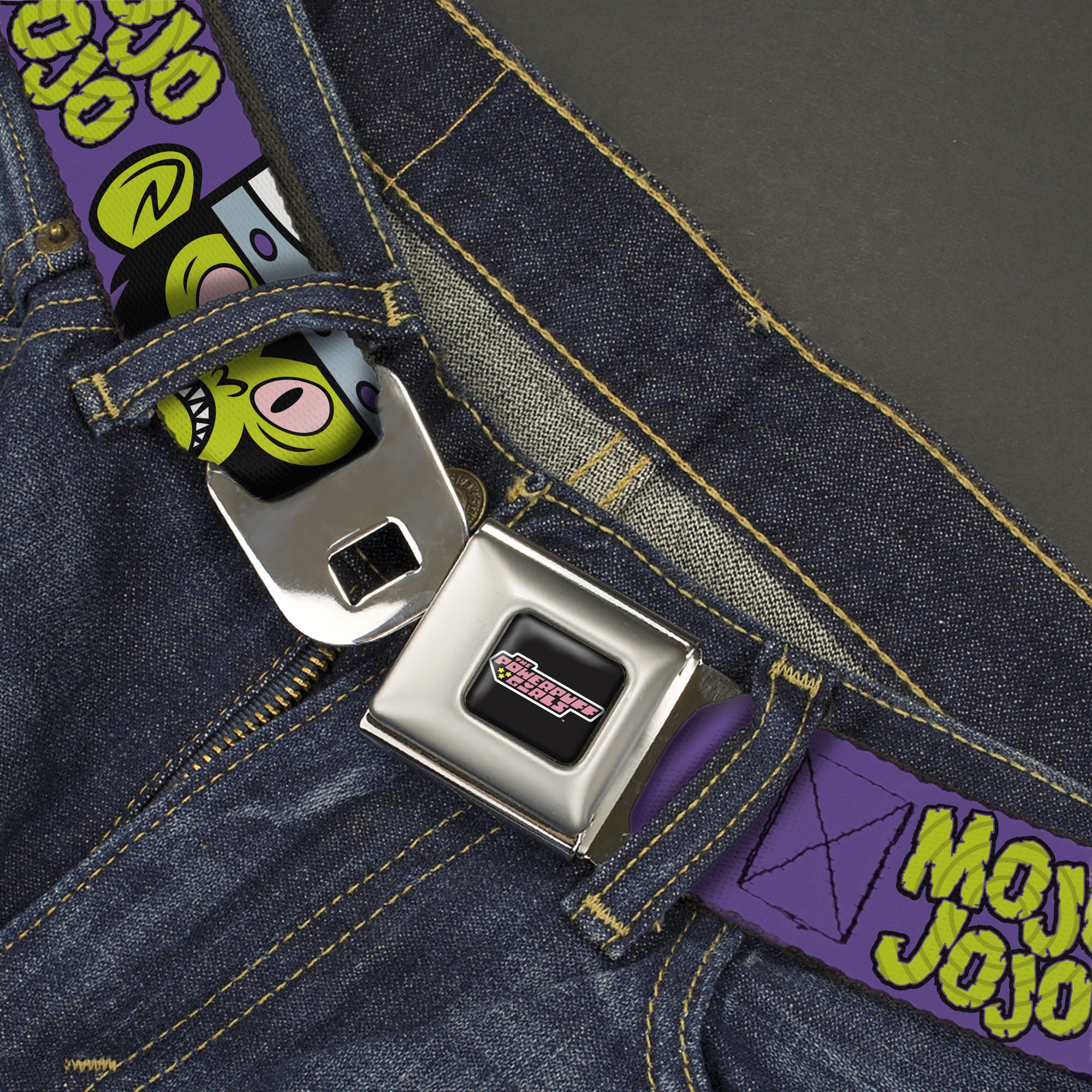 THE POWERPUFF GIRLS Title Logo Full Color Black/White Seatbelt Belt - MOJO JOJO Face Close-Up and Text Purple/Green Webbing Seatbelt Belts Powerpuff Girls