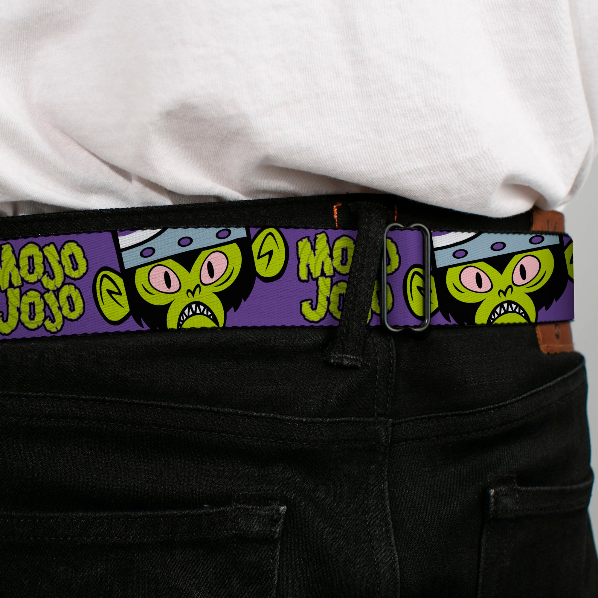 THE POWERPUFF GIRLS Title Logo Full Color Black/White Seatbelt Belt - MOJO JOJO Face Close-Up and Text Purple/Green Webbing Seatbelt Belts Powerpuff Girls