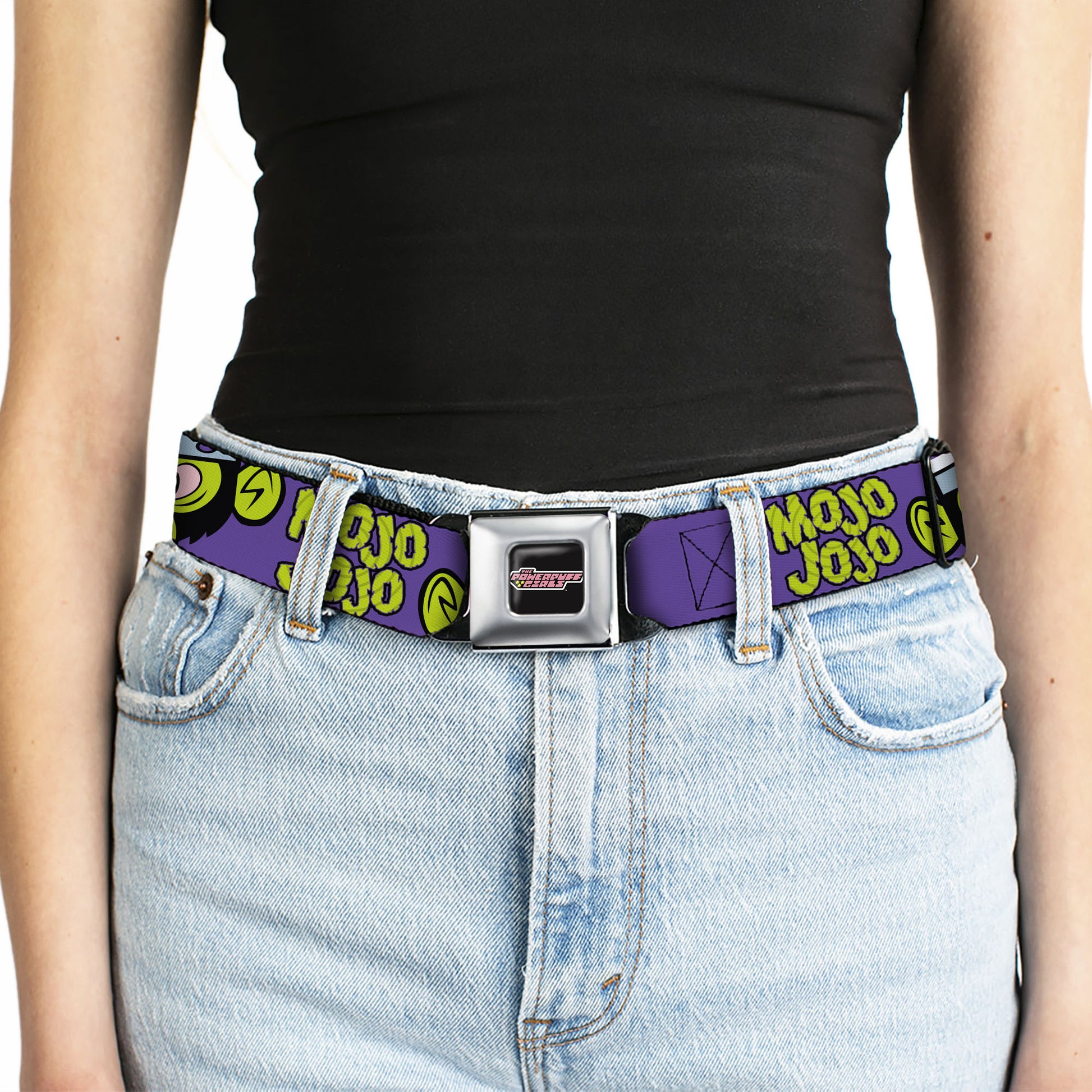 THE POWERPUFF GIRLS Title Logo Full Color Black/White Seatbelt Belt - MOJO JOJO Face Close-Up and Text Purple/Green Webbing Seatbelt Belts Powerpuff Girls