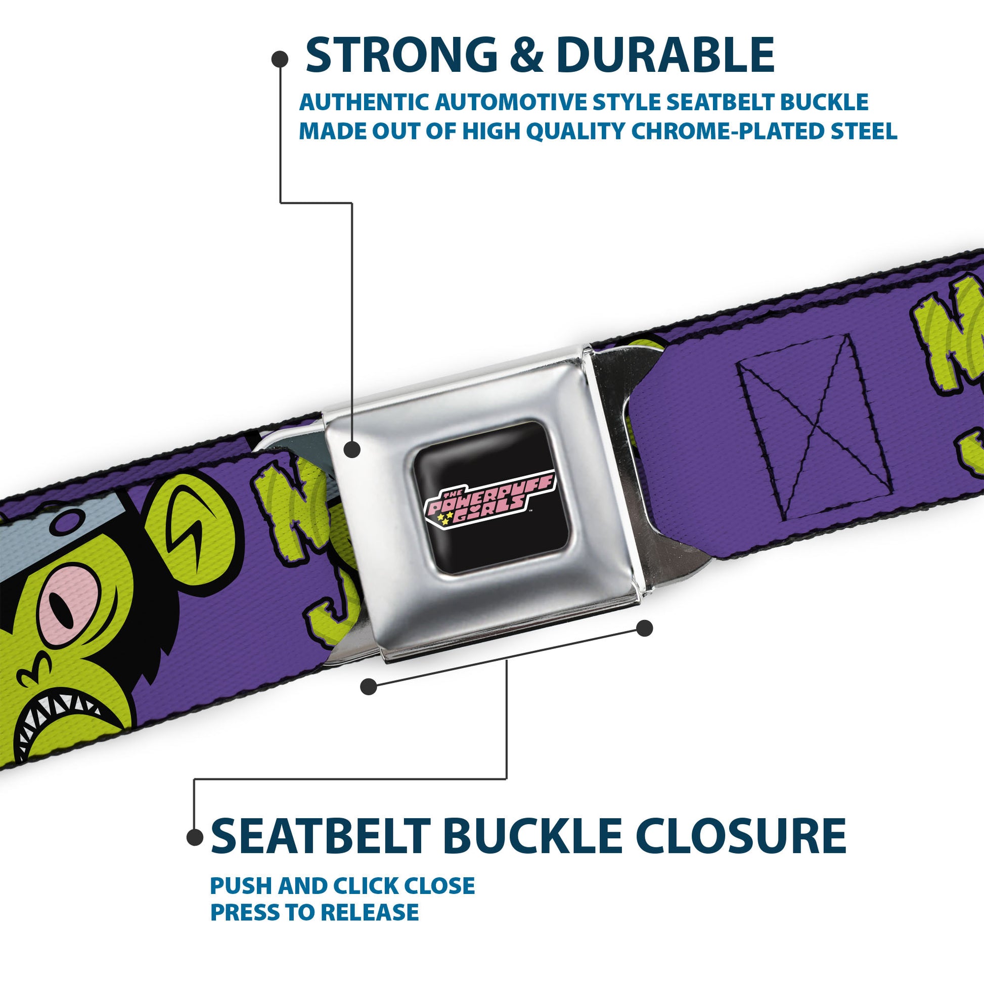 THE POWERPUFF GIRLS Title Logo Full Color Black/White Seatbelt Belt - MOJO JOJO Face Close-Up and Text Purple/Green Webbing Seatbelt Belts Powerpuff Girls