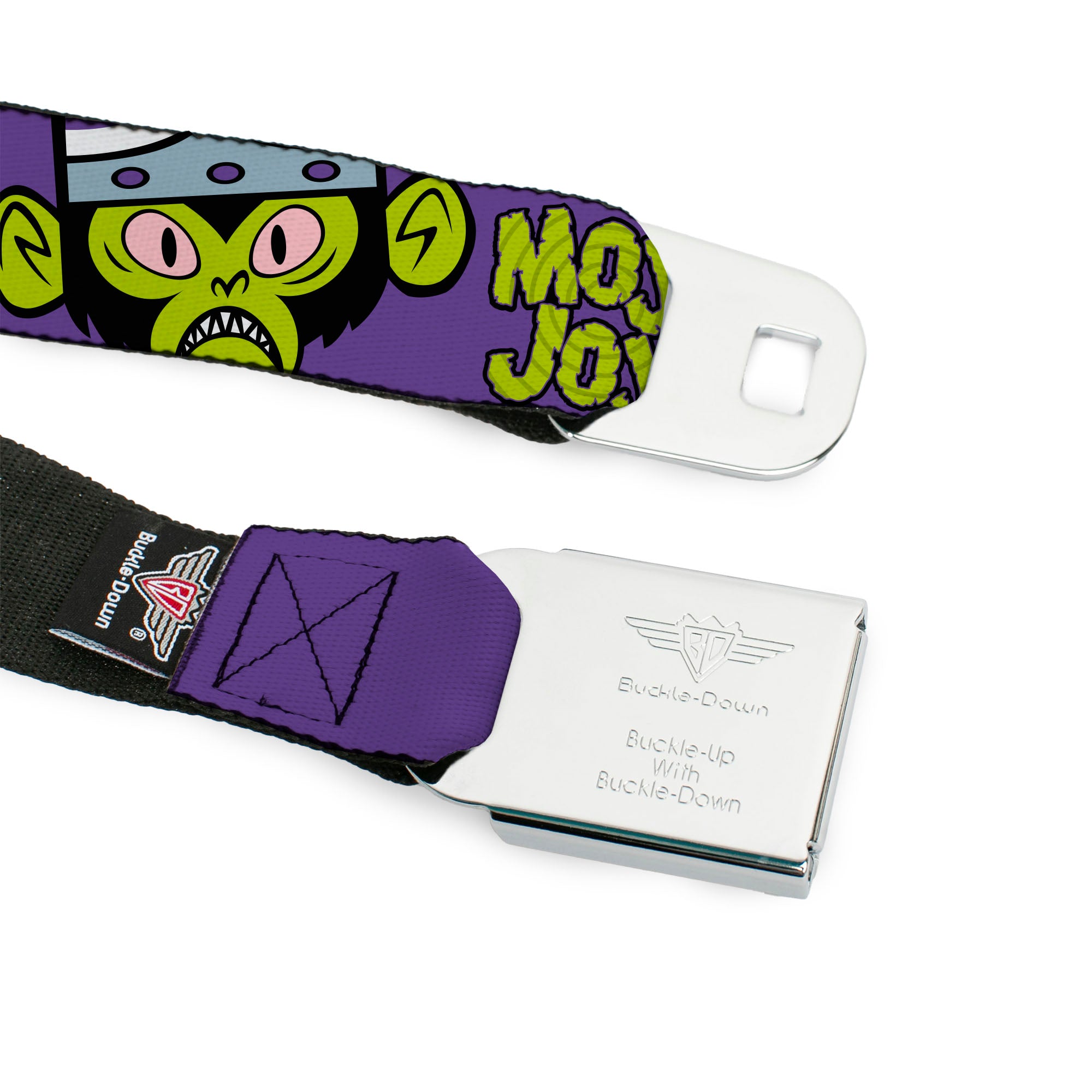 THE POWERPUFF GIRLS Title Logo Full Color Black/White Seatbelt Belt - MOJO JOJO Face Close-Up and Text Purple/Green Webbing Seatbelt Belts Powerpuff Girls