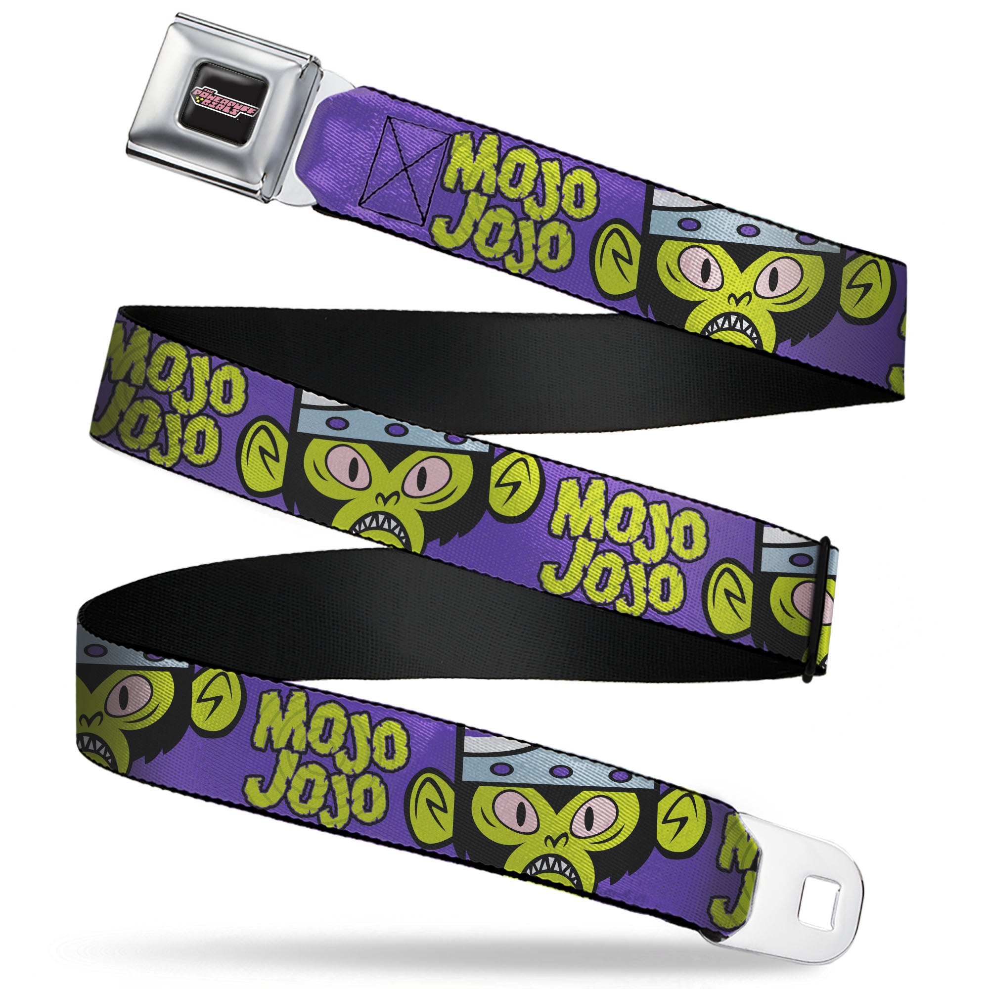 THE POWERPUFF GIRLS Title Logo Full Color Black/White Seatbelt Belt - MOJO JOJO Face Close-Up and Text Purple/Green Webbing Seatbelt Belts Powerpuff Girls