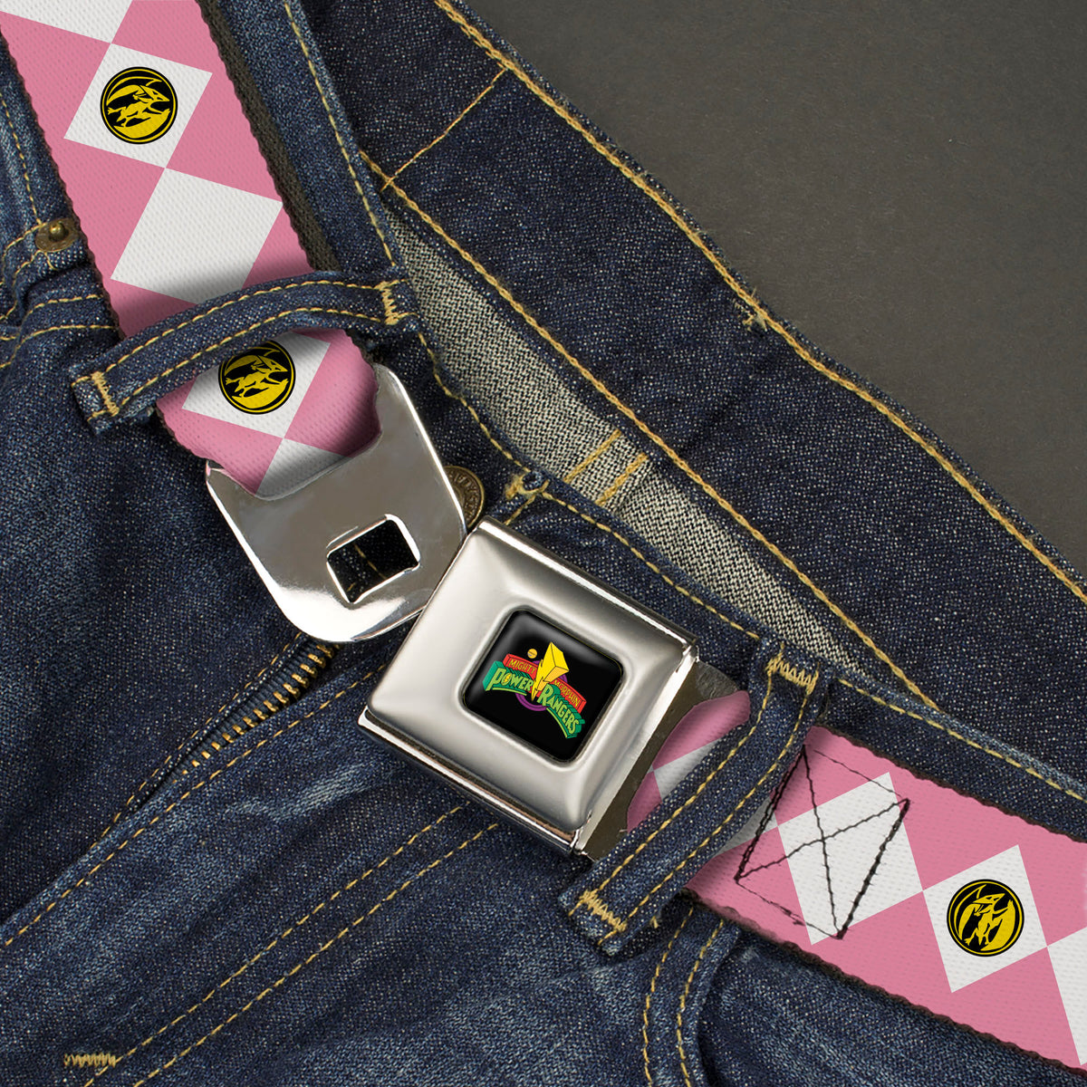 Power Rangers Logo Full Color Black Seatbelt Belt - Power Ranger Pink Ranger Pterodactyl Coin Icon Diamond Pink/White Webbing Seatbelt Belts Power Rangers