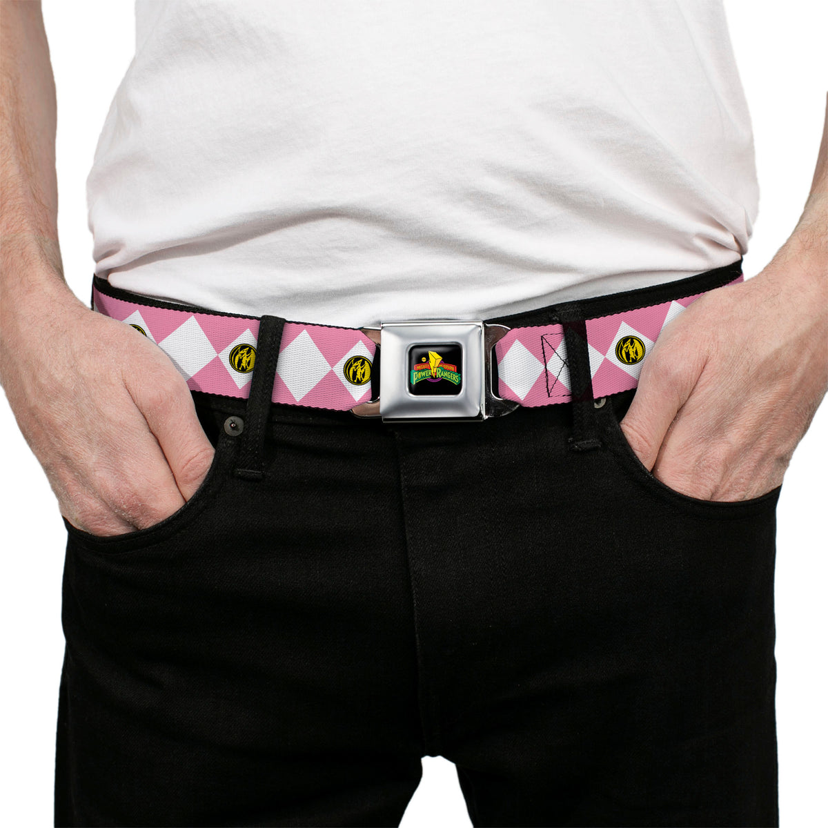 Power Rangers Logo Full Color Black Seatbelt Belt - Power Ranger Pink Ranger Pterodactyl Coin Icon Diamond Pink/White Webbing Seatbelt Belts Power Rangers