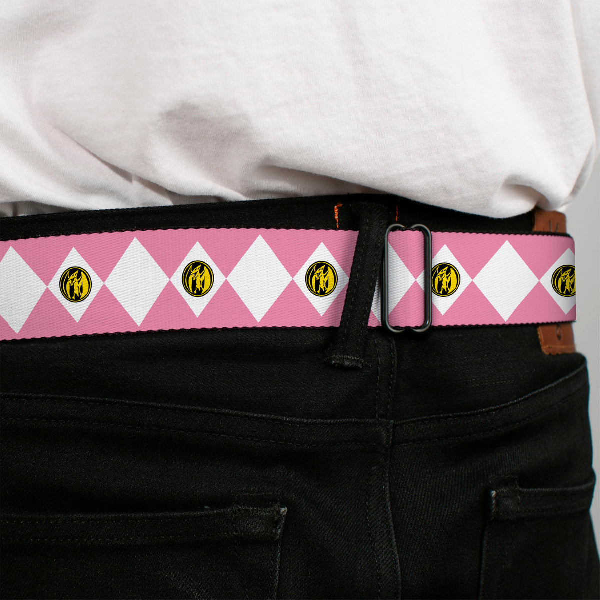 Power Rangers Logo Full Color Black Seatbelt Belt - Power Ranger Pink Ranger Pterodactyl Coin Icon Diamond Pink/White Webbing Seatbelt Belts Power Rangers