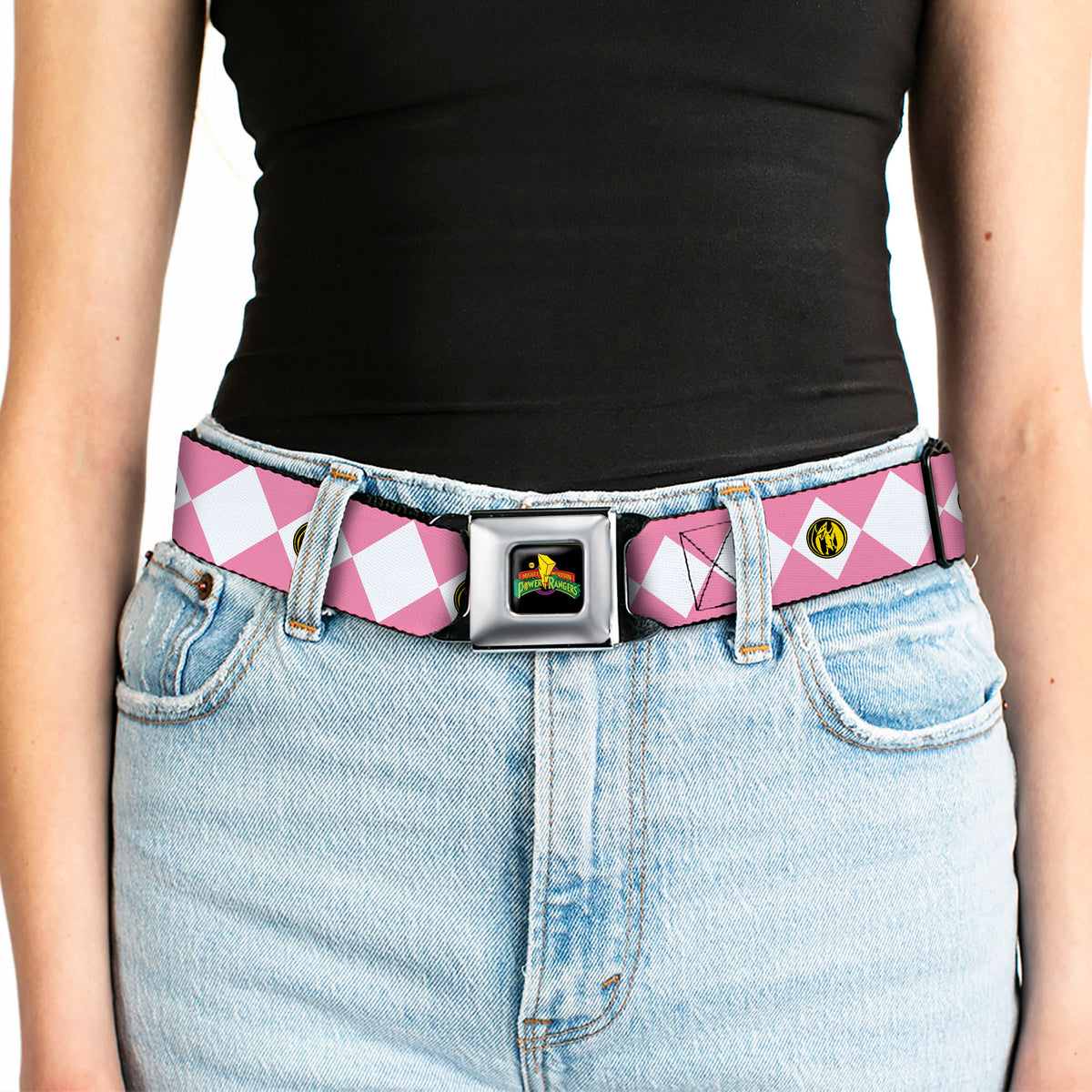 Power Rangers Logo Full Color Black Seatbelt Belt - Power Ranger Pink Ranger Pterodactyl Coin Icon Diamond Pink/White Webbing Seatbelt Belts Power Rangers