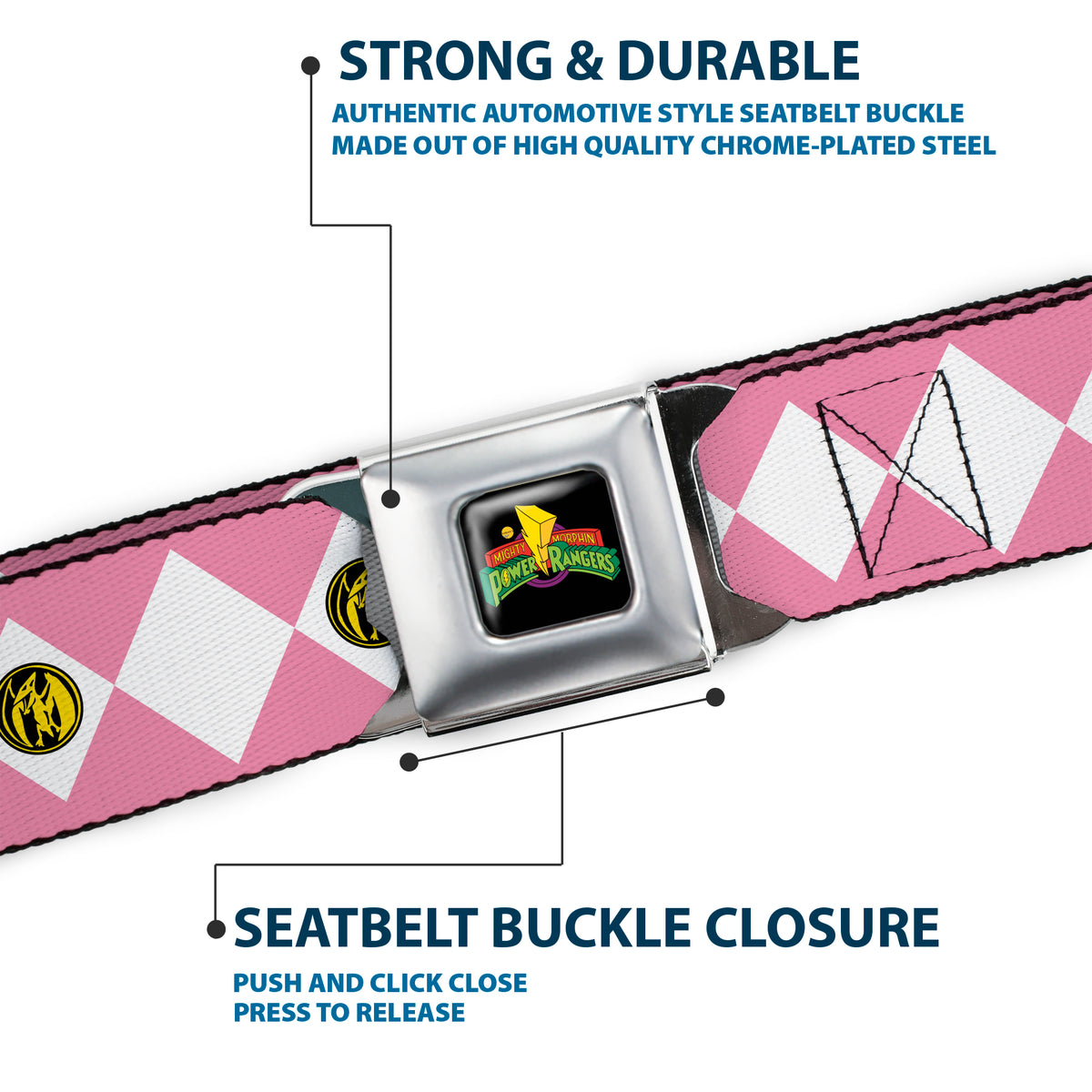 Power Rangers Logo Full Color Black Seatbelt Belt - Power Ranger Pink Ranger Pterodactyl Coin Icon Diamond Pink/White Webbing Seatbelt Belts Power Rangers