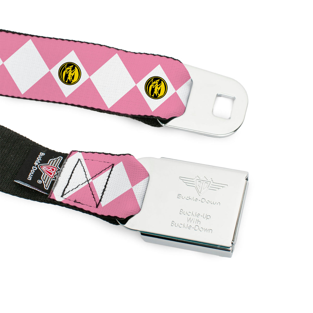 Power Rangers Logo Full Color Black Seatbelt Belt - Power Ranger Pink Ranger Pterodactyl Coin Icon Diamond Pink/White Webbing Seatbelt Belts Power Rangers