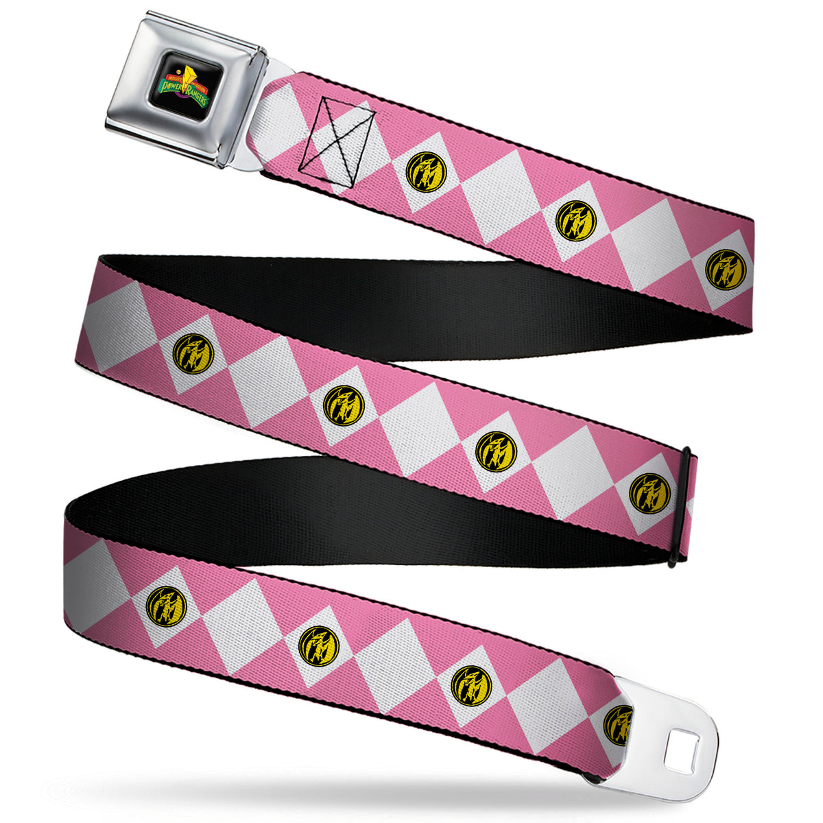 Power Rangers Logo Full Color Black Seatbelt Belt - Power Ranger Pink Ranger Pterodactyl Coin Icon Diamond Pink/White Webbing Seatbelt Belts Power Rangers